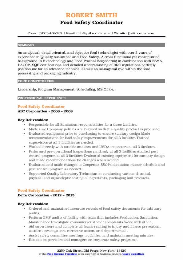 Food Safety Coordinator Resume Samples QwikResume