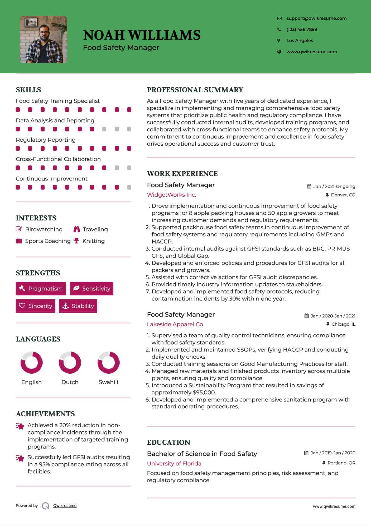 Food Safety Manager Resume Sample