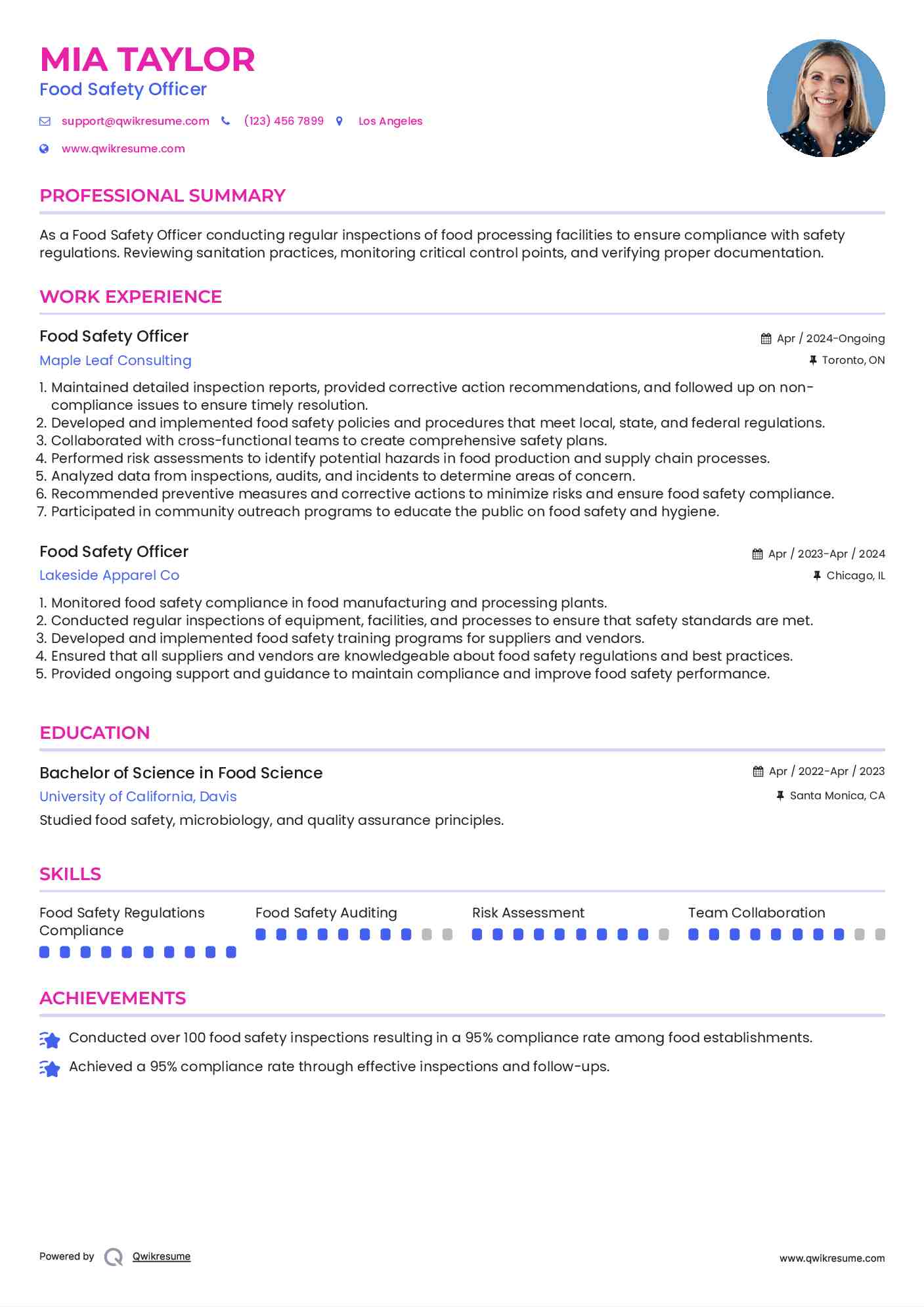 Food Safety Officer Resume Template