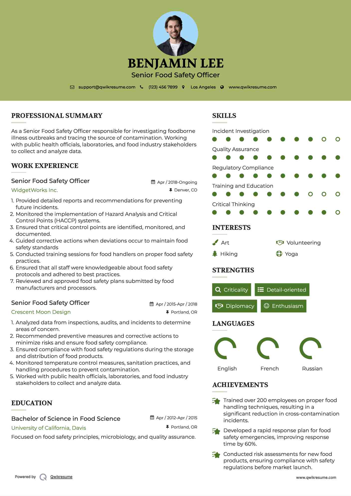 Senior Food Safety Officer  Resume Format