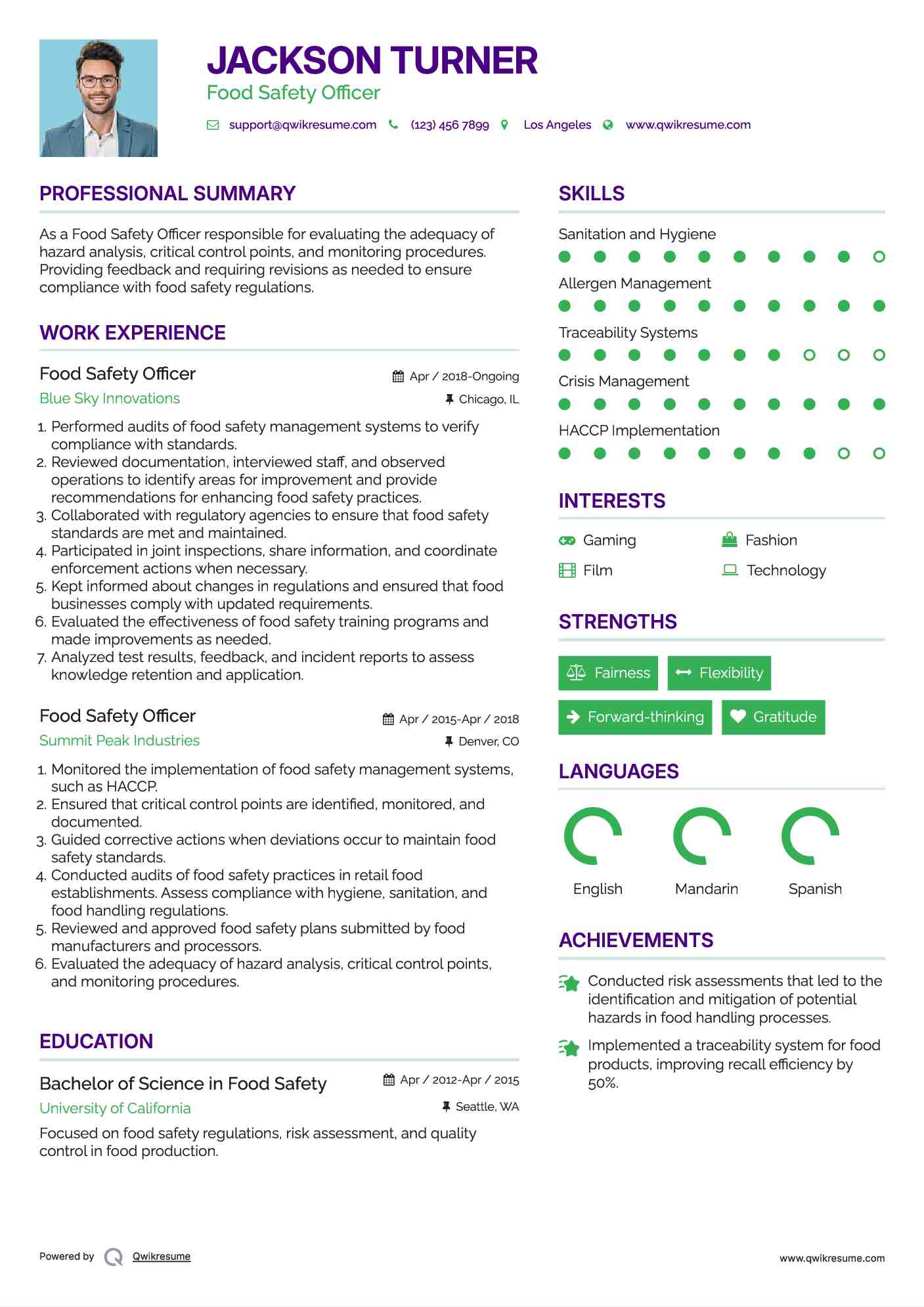 Food Safety Officer Resume Model