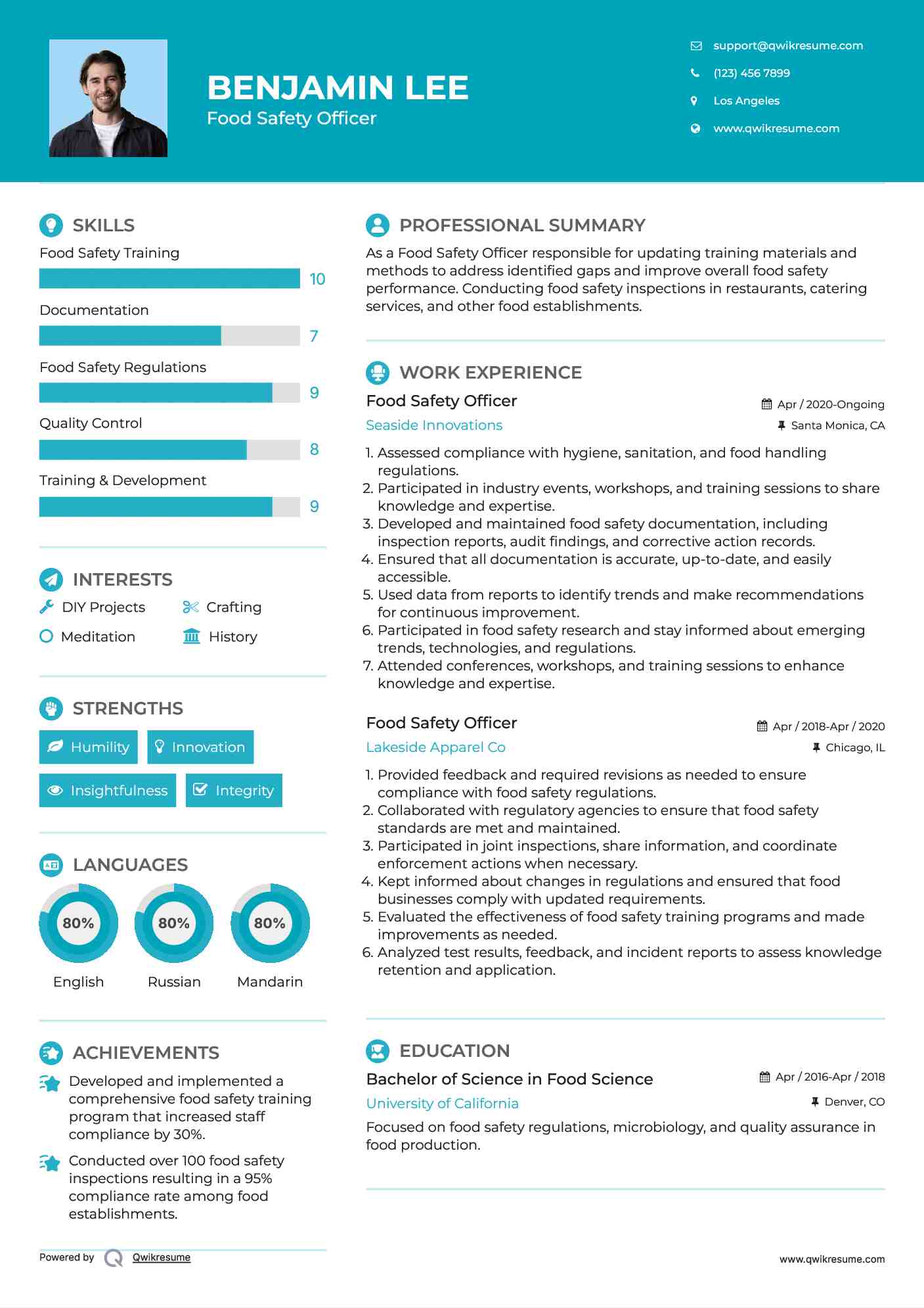 Food Safety Officer Resume Sample