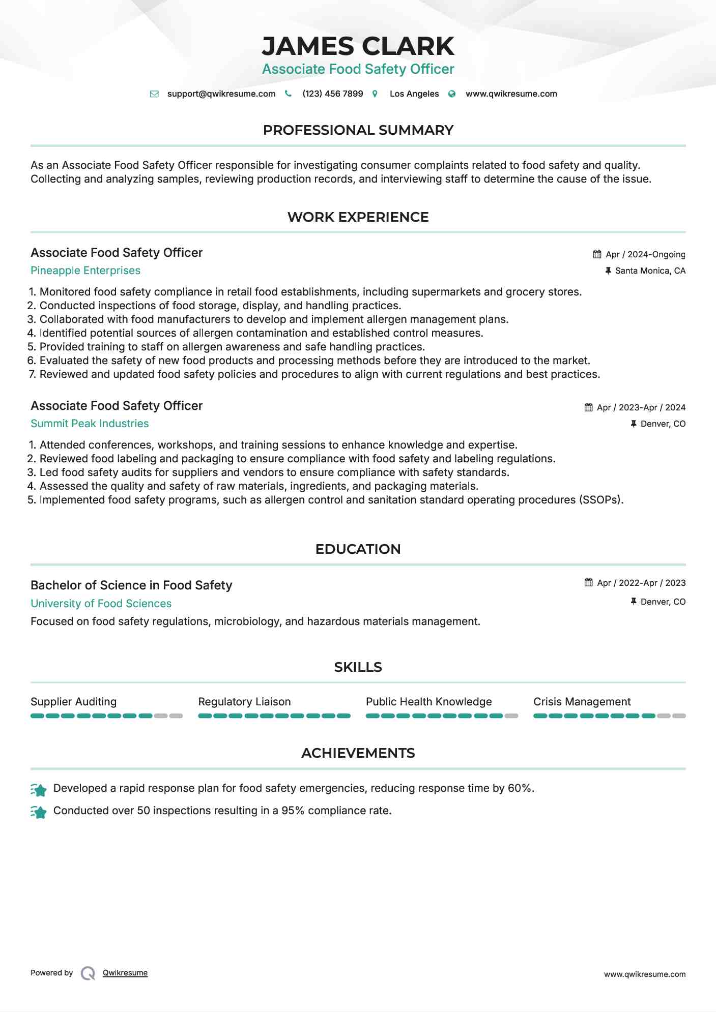 Associate Food Safety Officer Resume Example