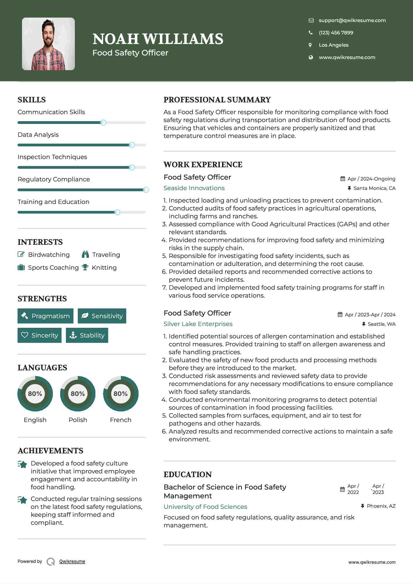 Food Safety Officer Resume Sample