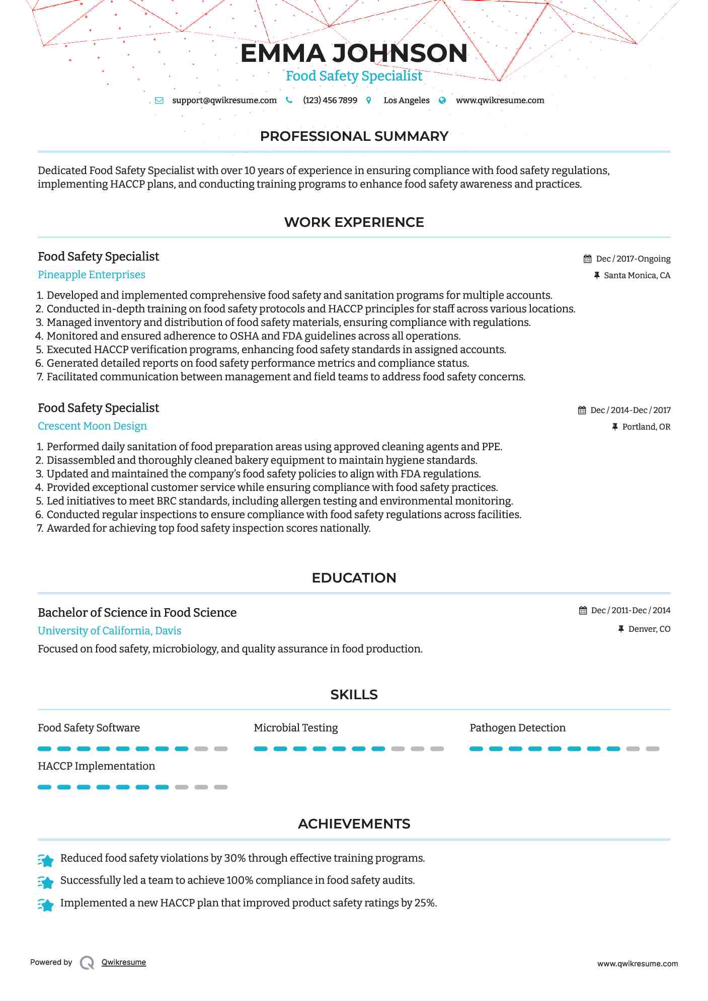 Food Safety Specialist Resume Format