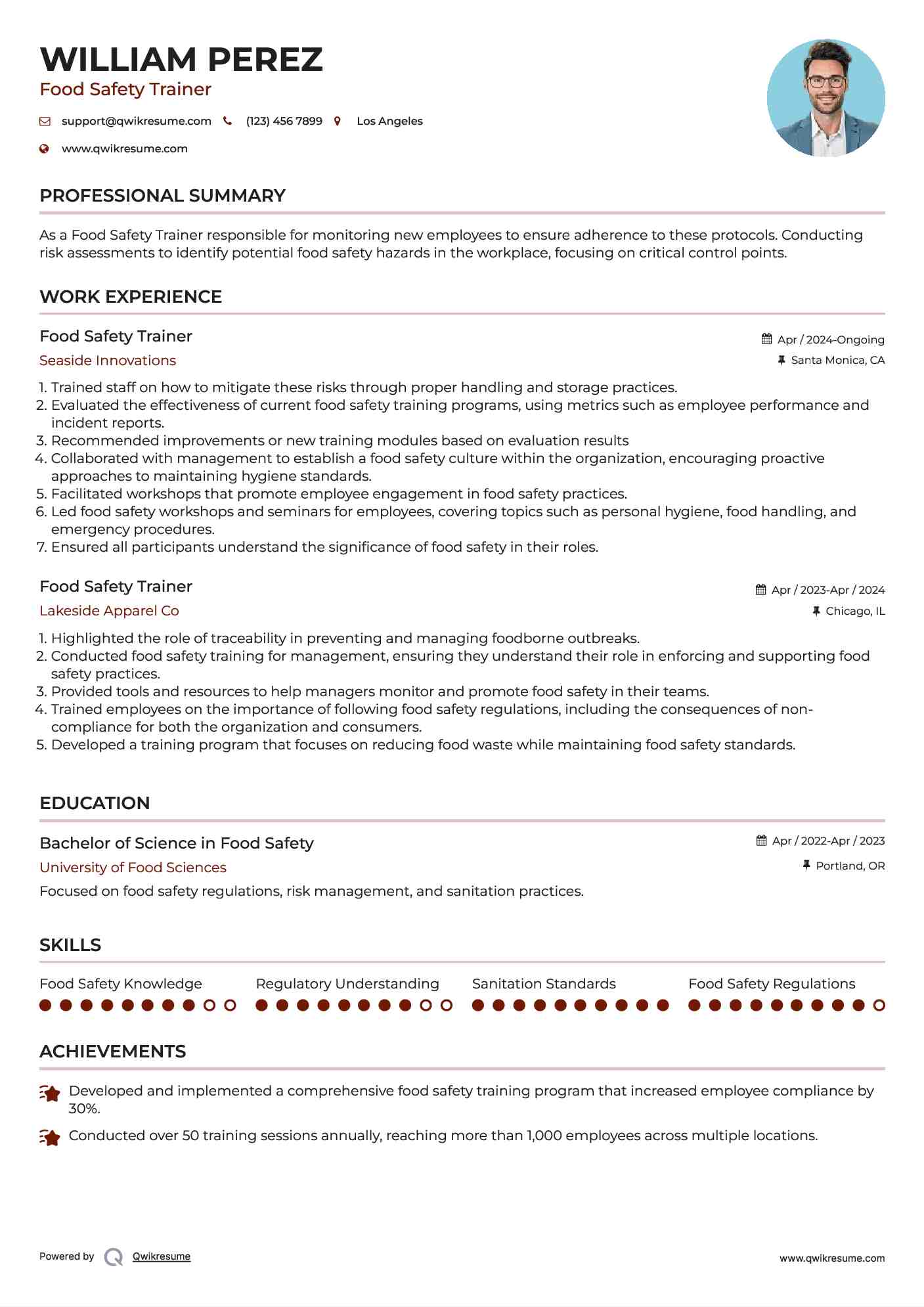 Food Safety Trainer Resume Samples QwikResume