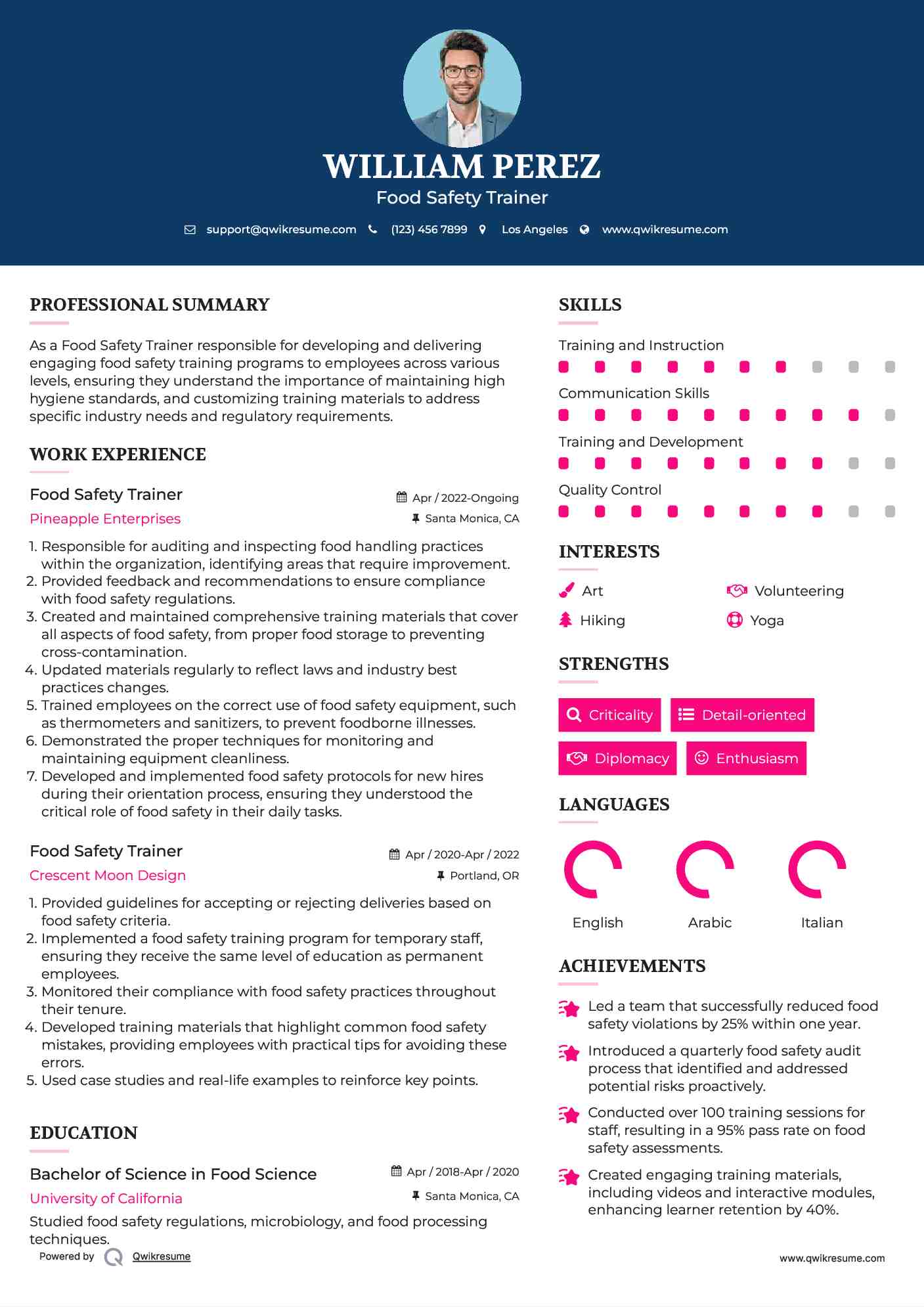 Food Safety Trainer Resume Template