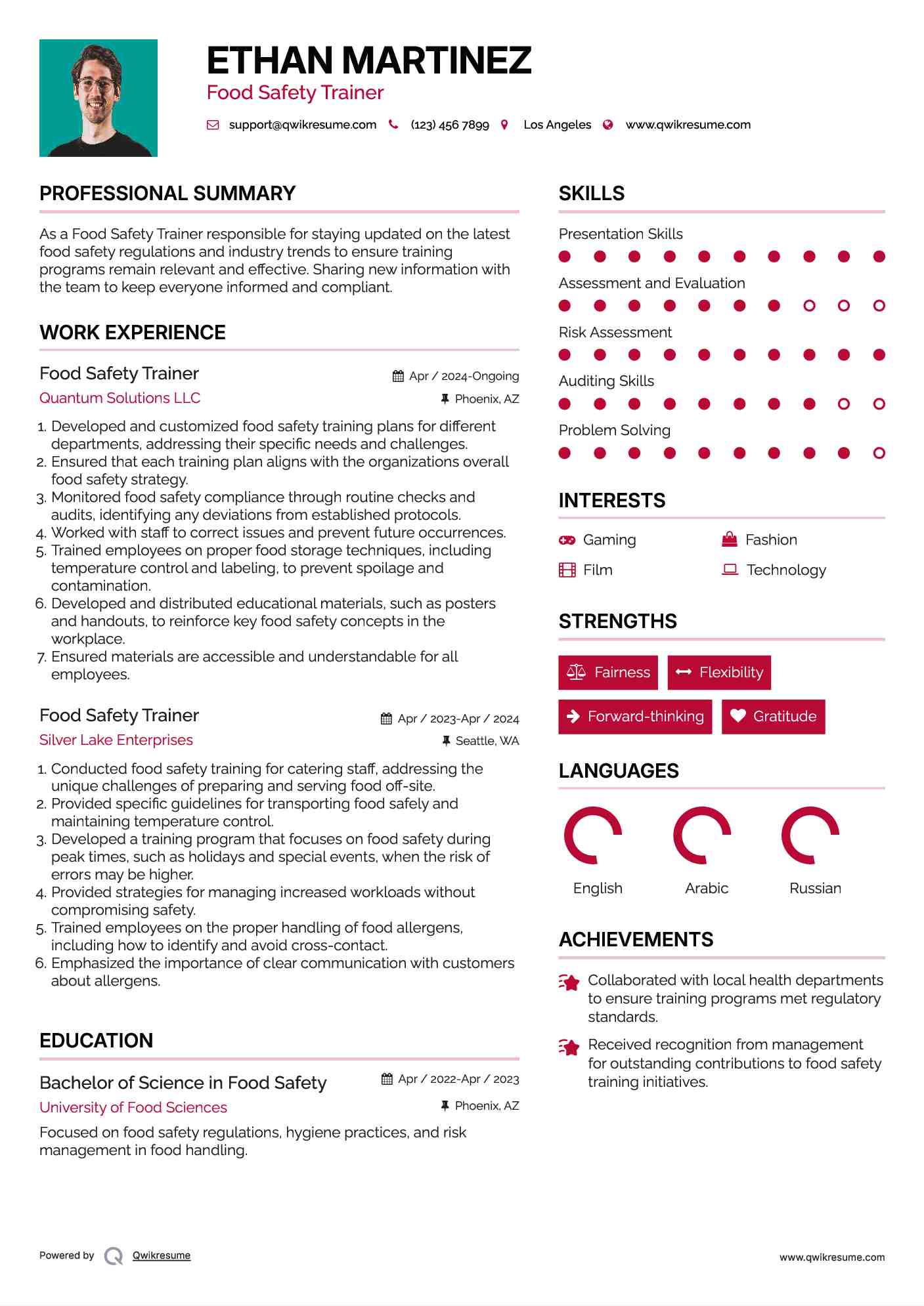 Food Safety Trainer Resume Format
