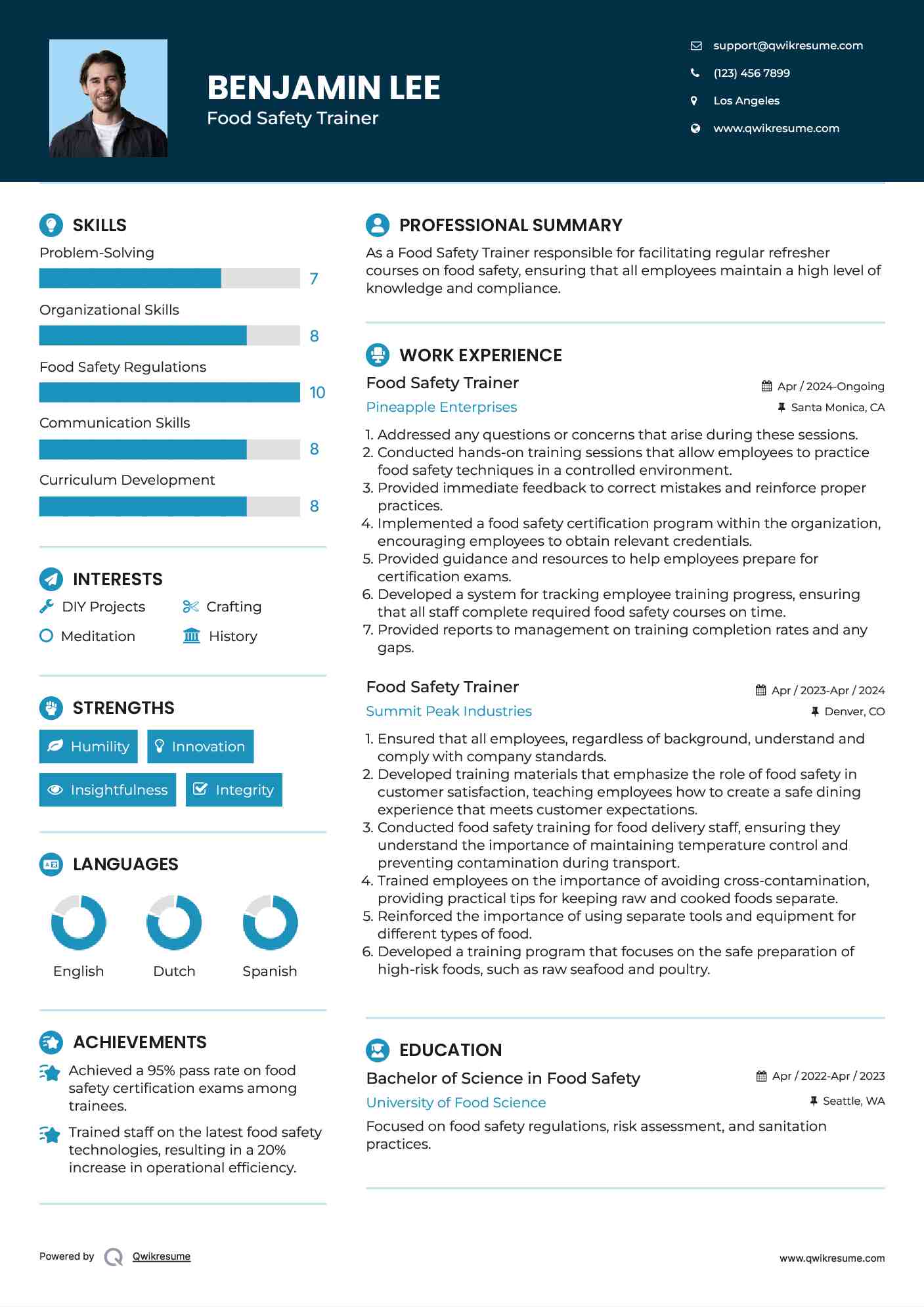 Food Safety Trainer Resume Sample