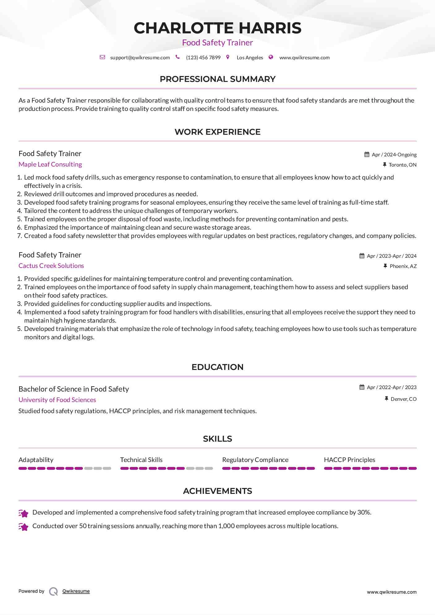 Food Safety Trainer Resume Sample