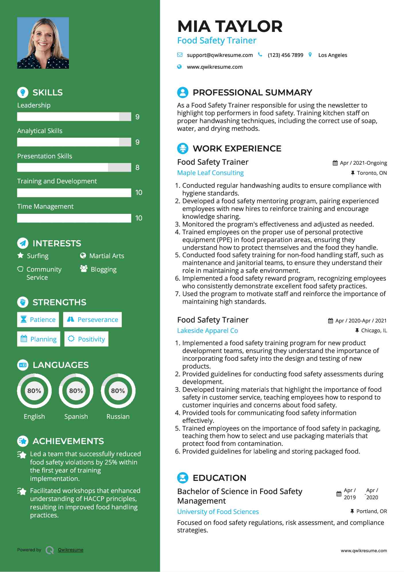 Food Safety Trainer Resume Model