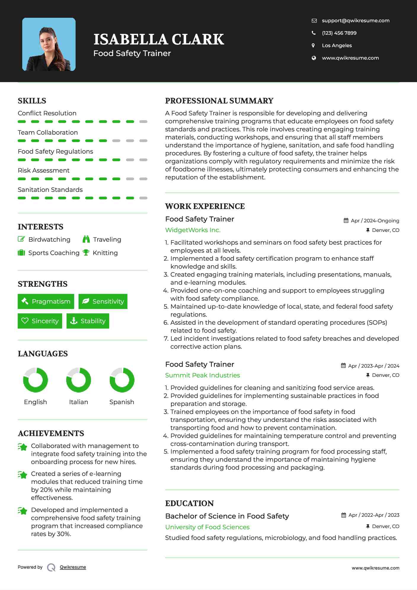 Food Safety Trainer Resume Template