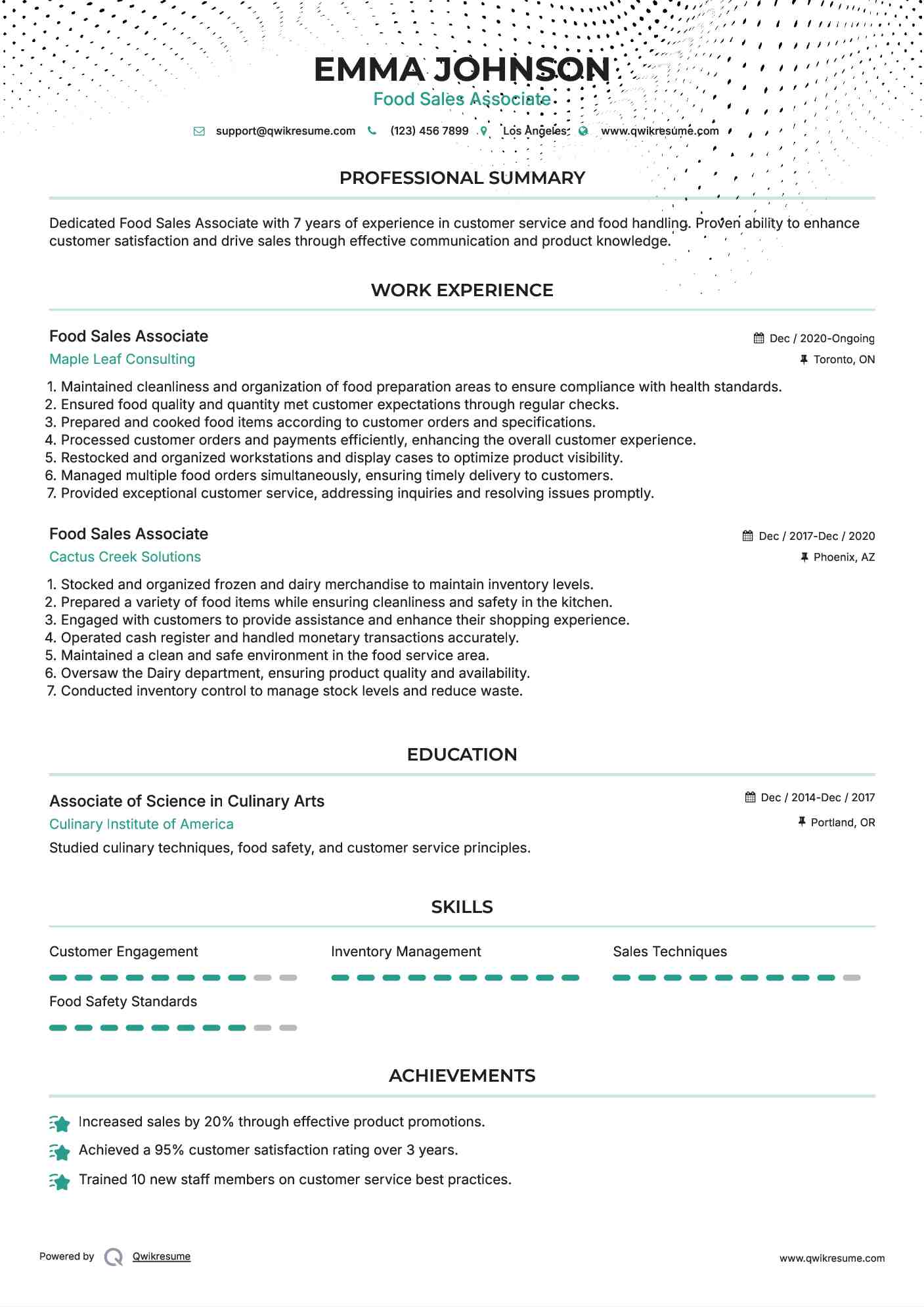 Food Sales Associate Resume Example