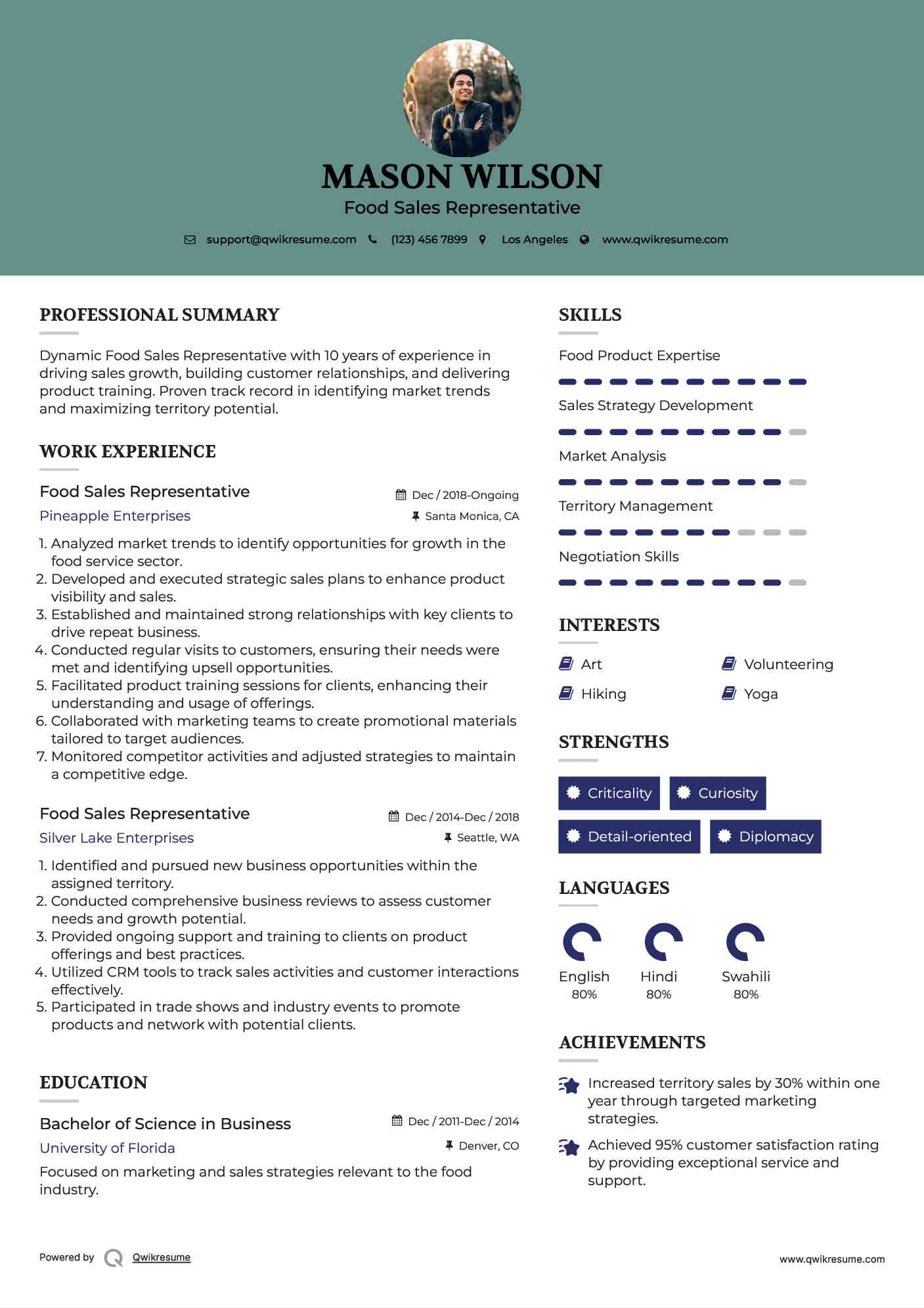 Food Sales Representative Resume Example