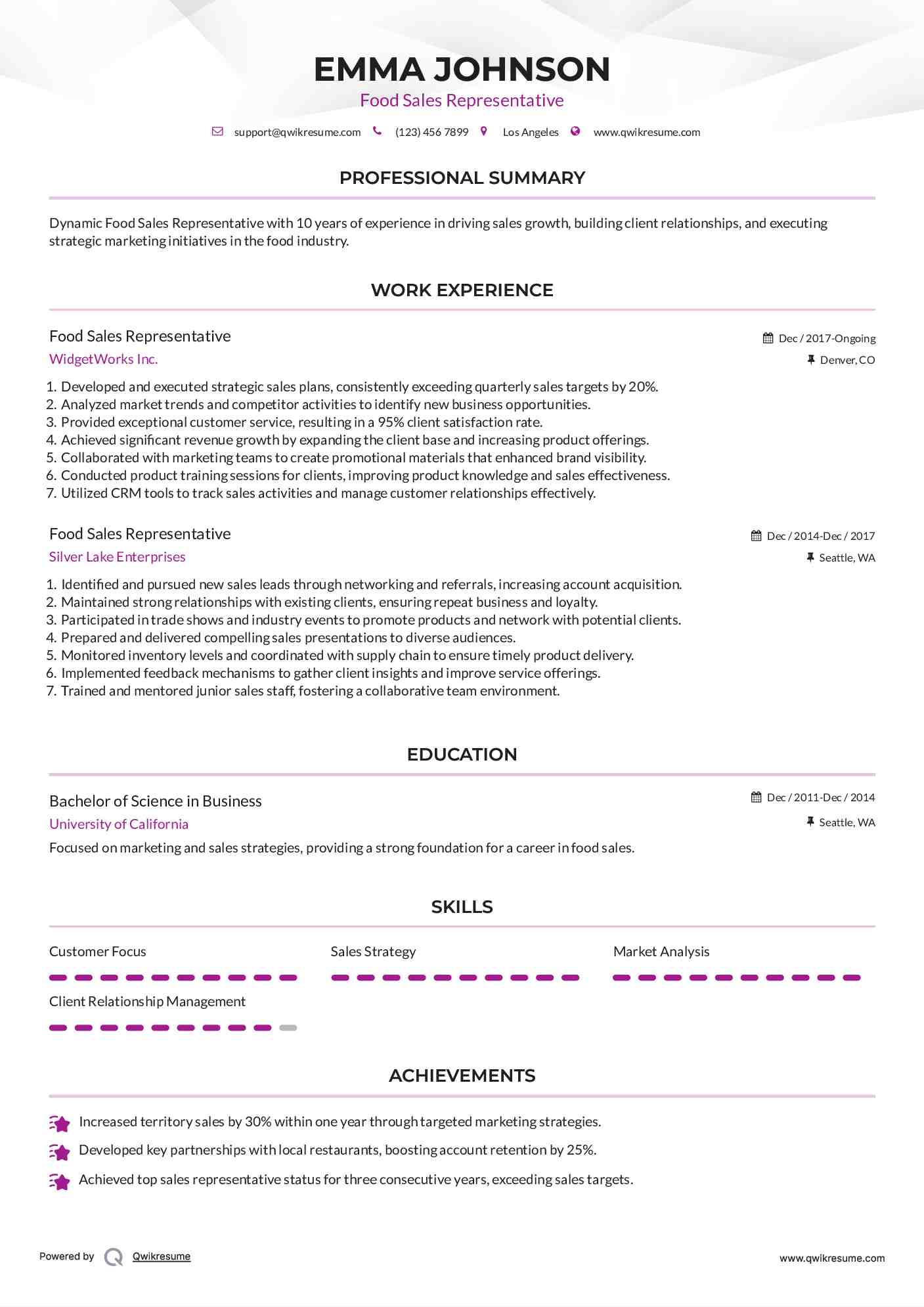 Food Sales Representative Resume Format