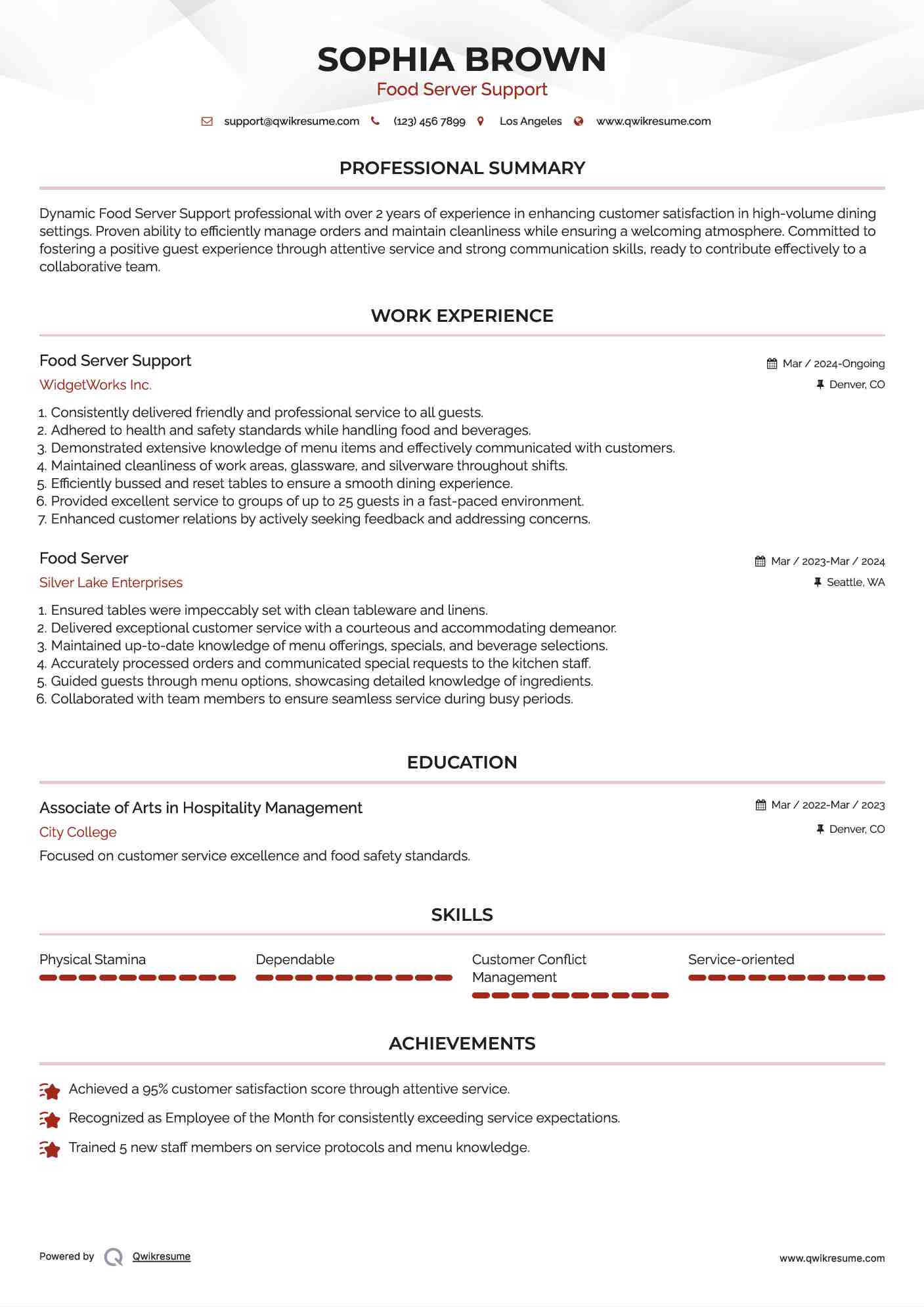 Food Server Support Resume Model