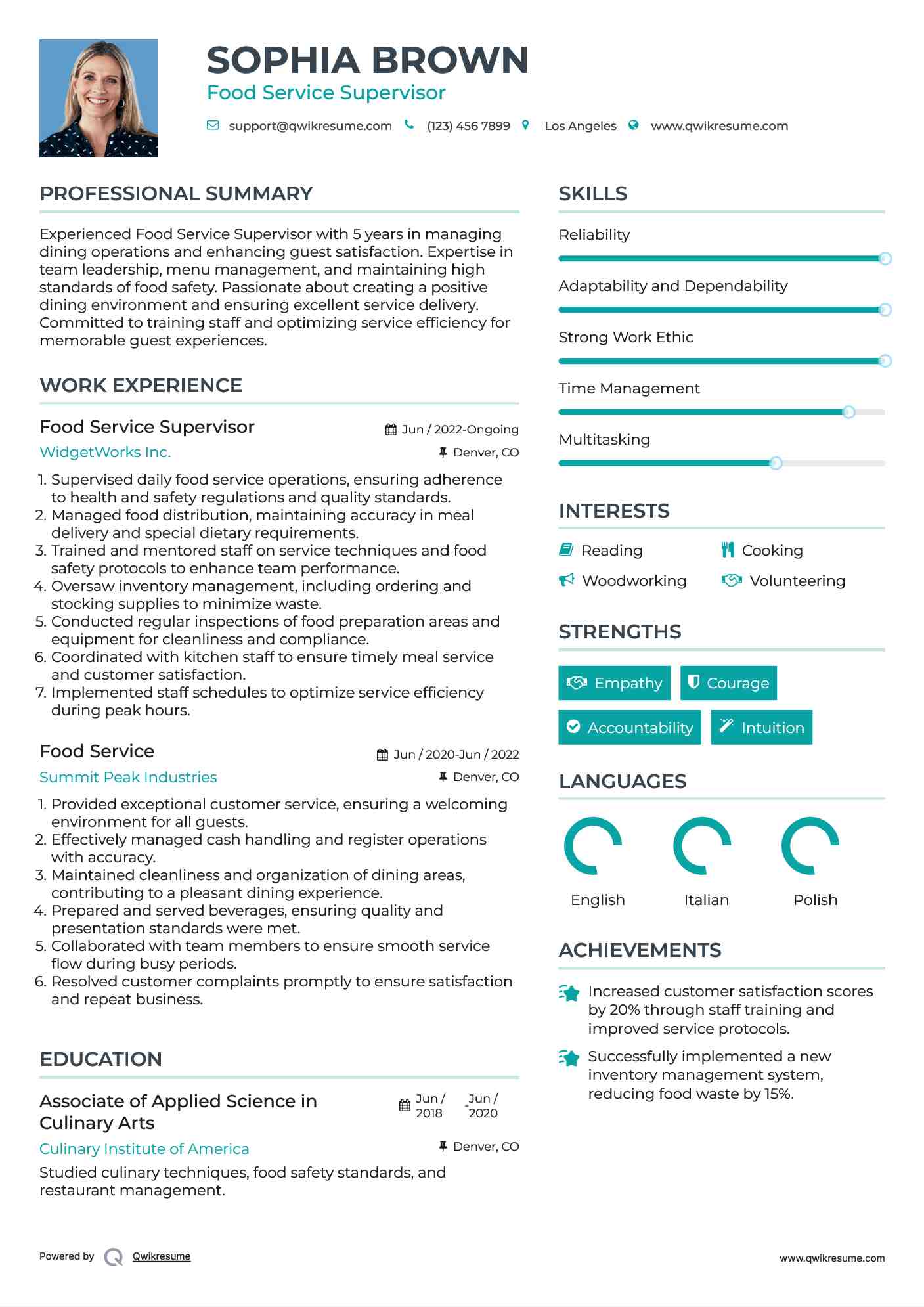Food Service Supervisor Resume Example