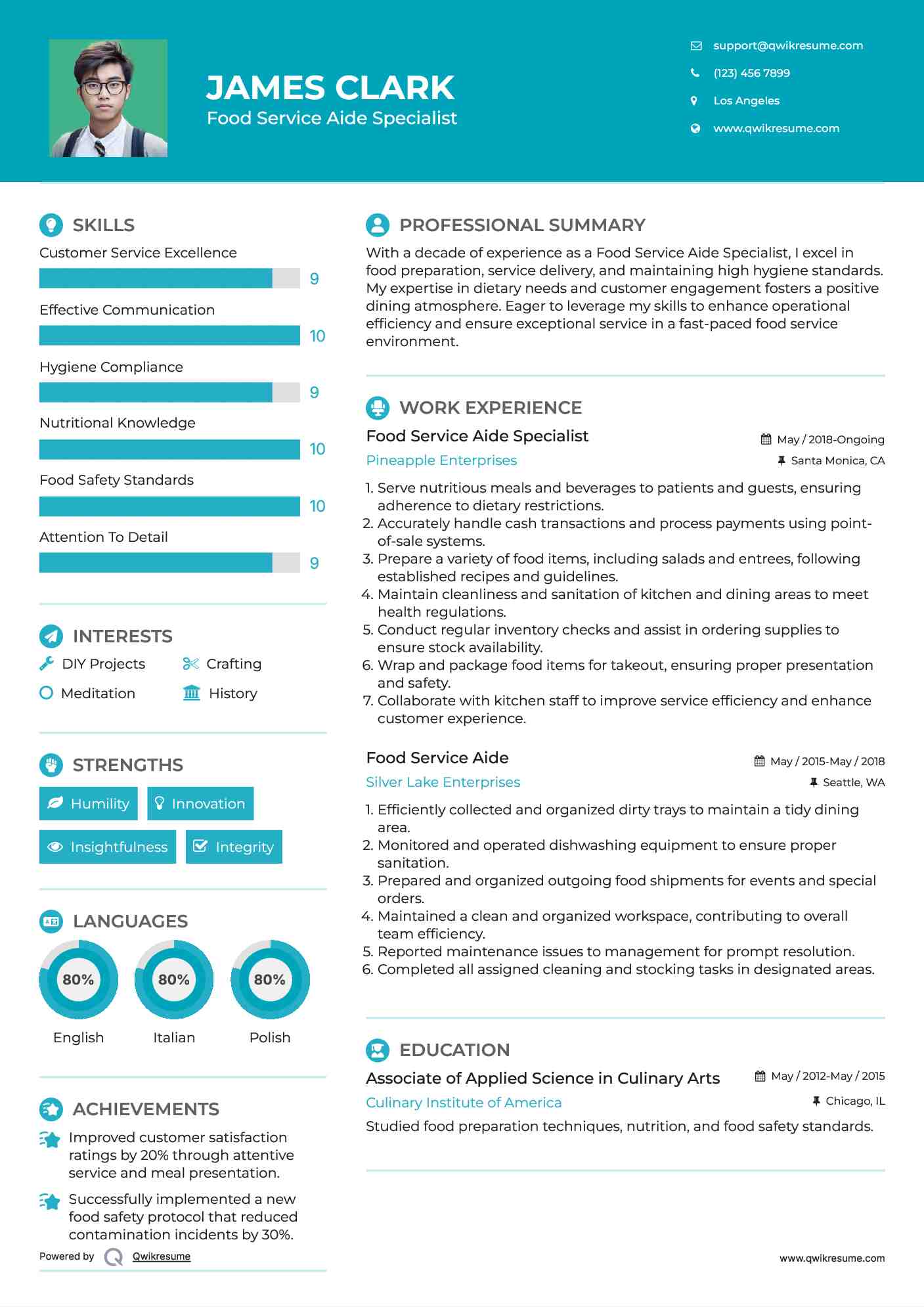 Food Service Aide Specialist Resume Sample
