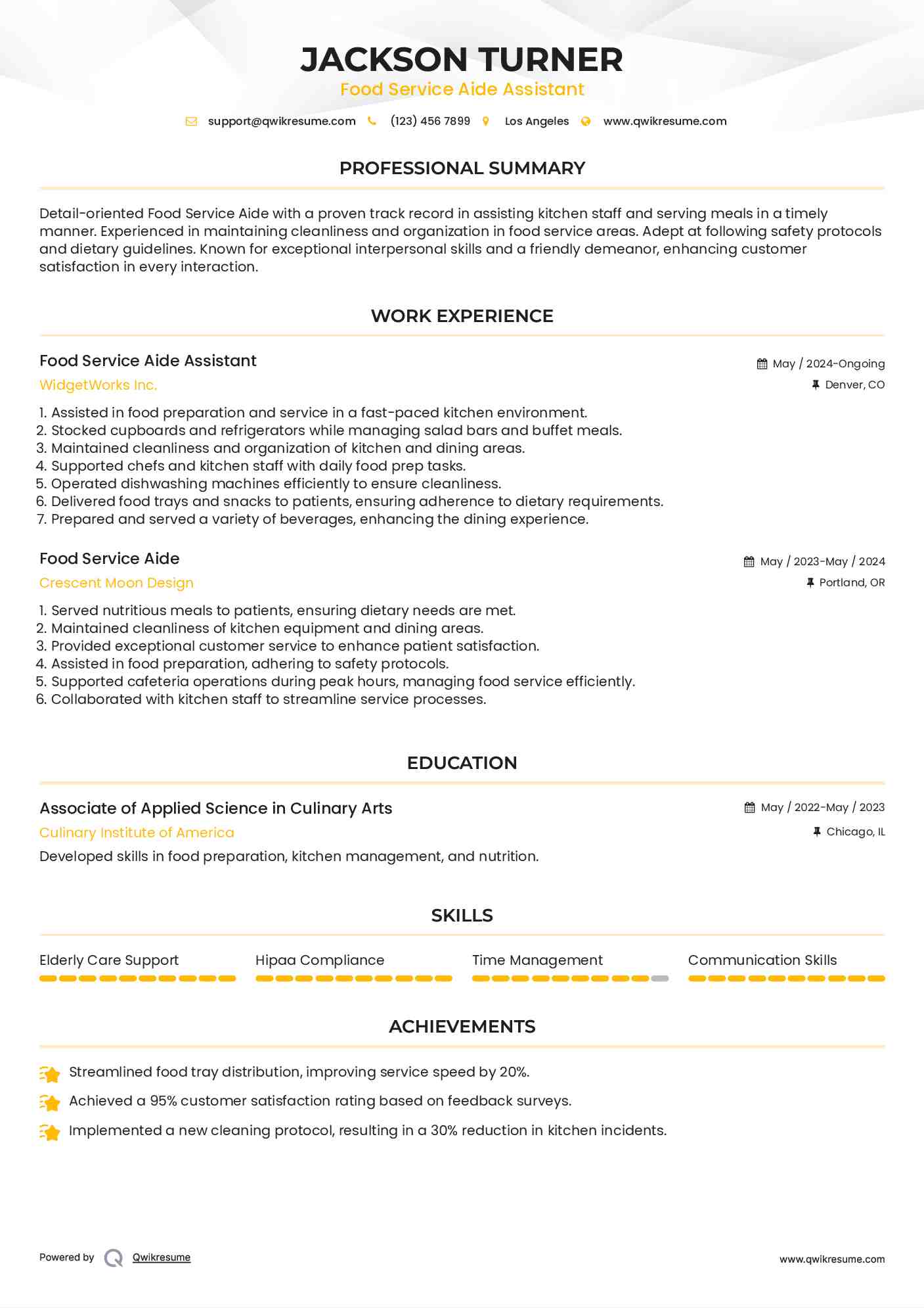 Food Service Aide Assistant Resume Format