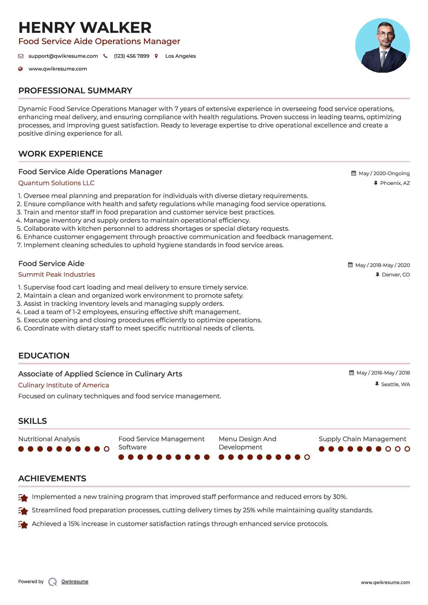 Food Service Aide Operations Manager Resume Sample