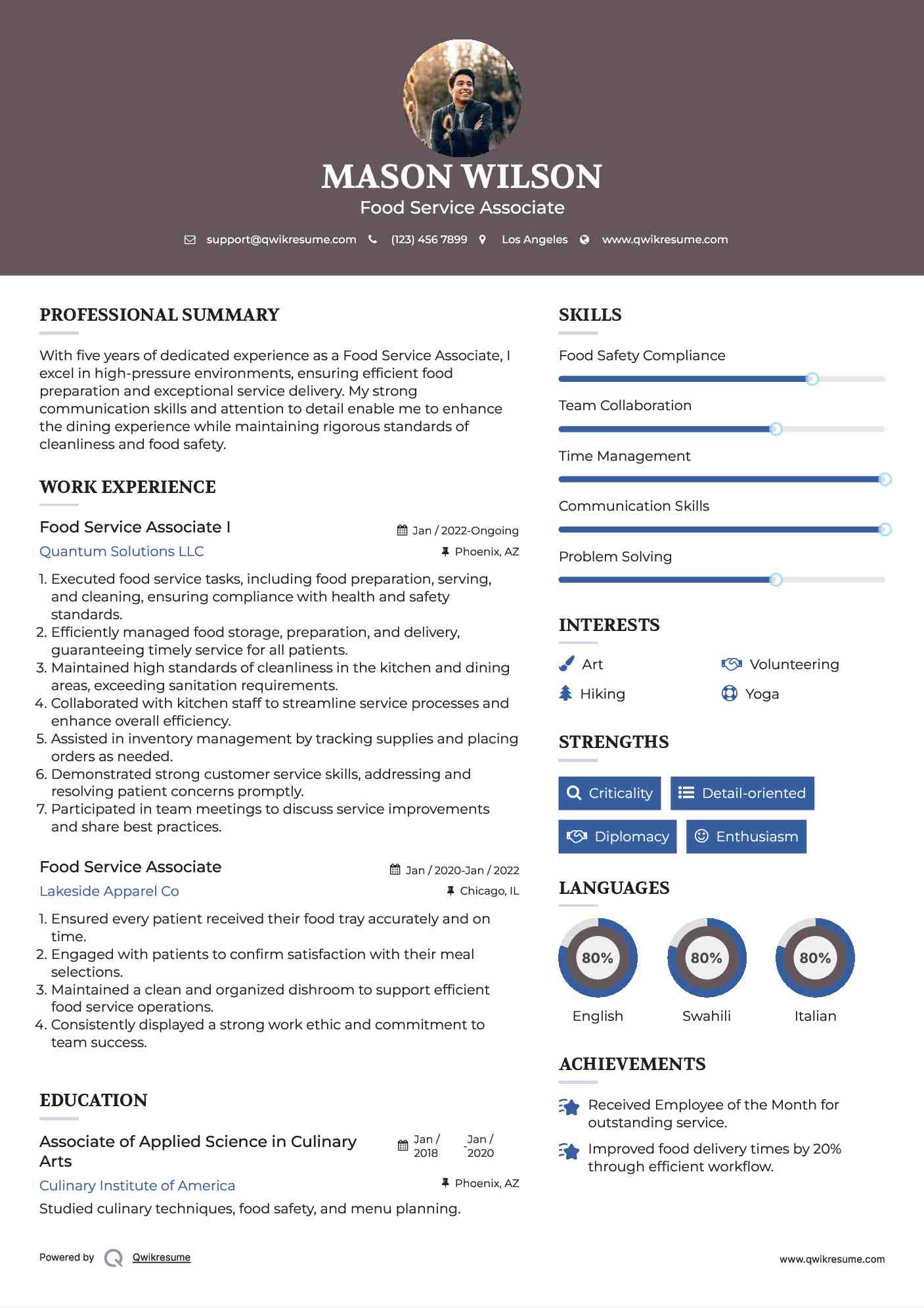 Food Service Associate I Resume Example