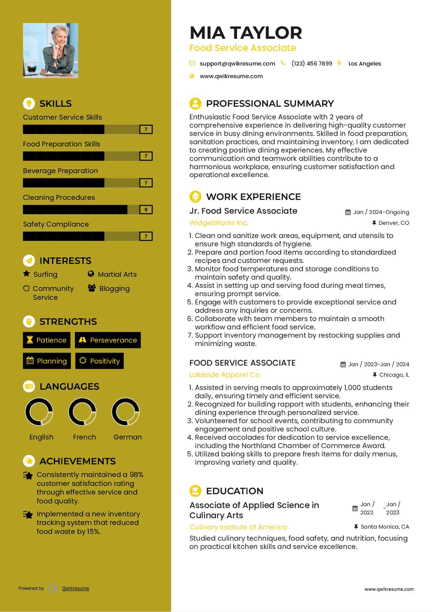 Jr. Food Service Associate Resume Model