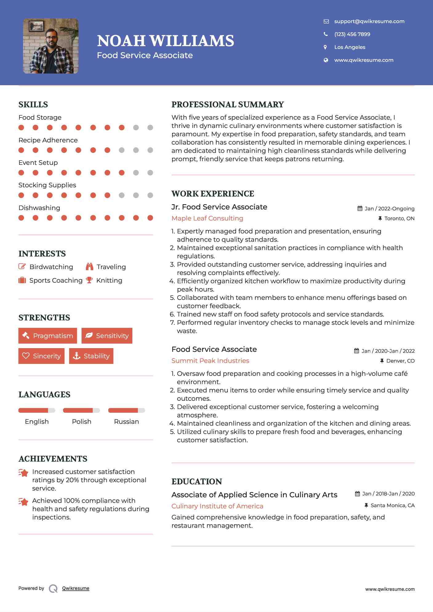Jr. Food Service Associate Resume Format