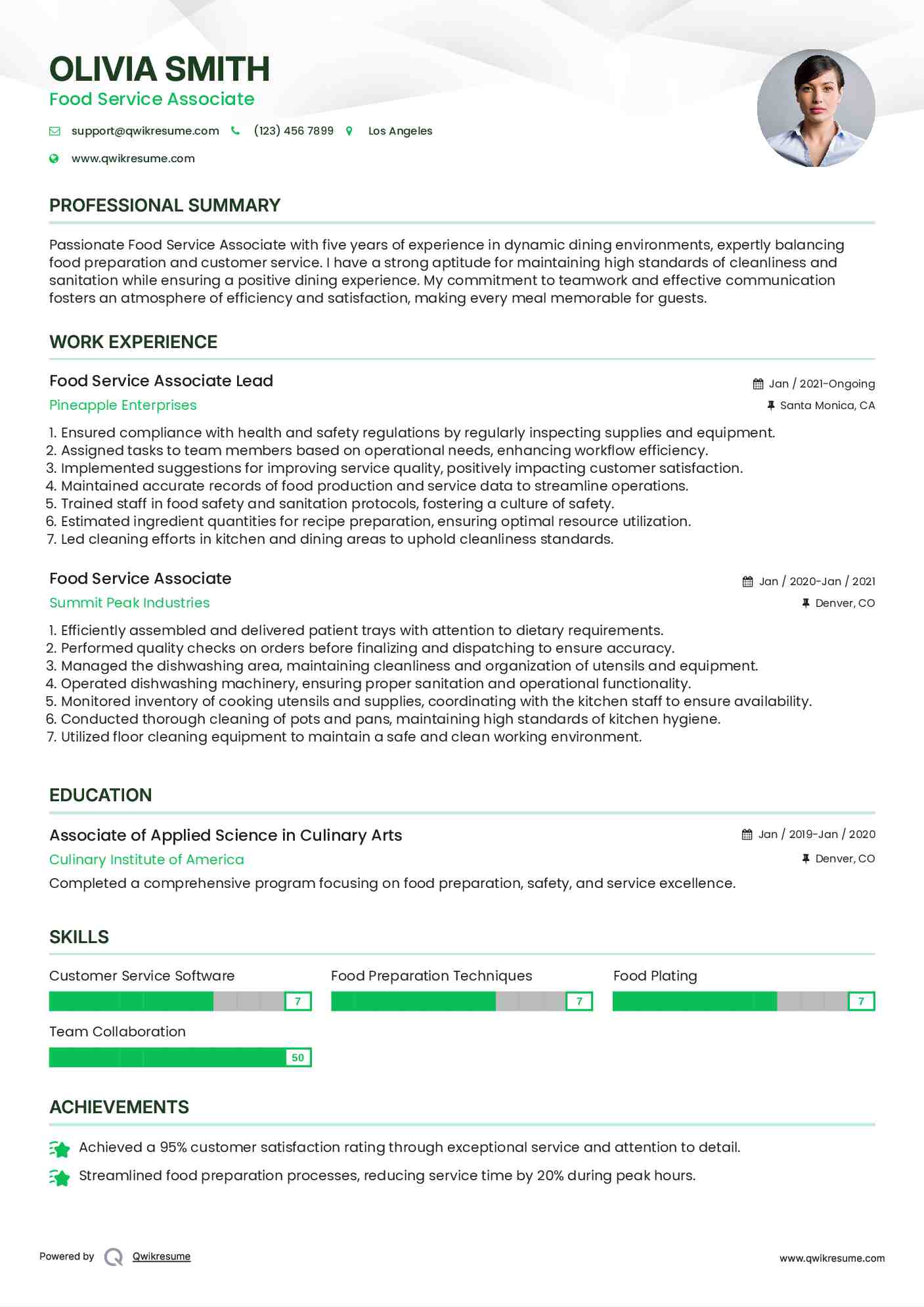 Food Service Associate Lead Resume Format