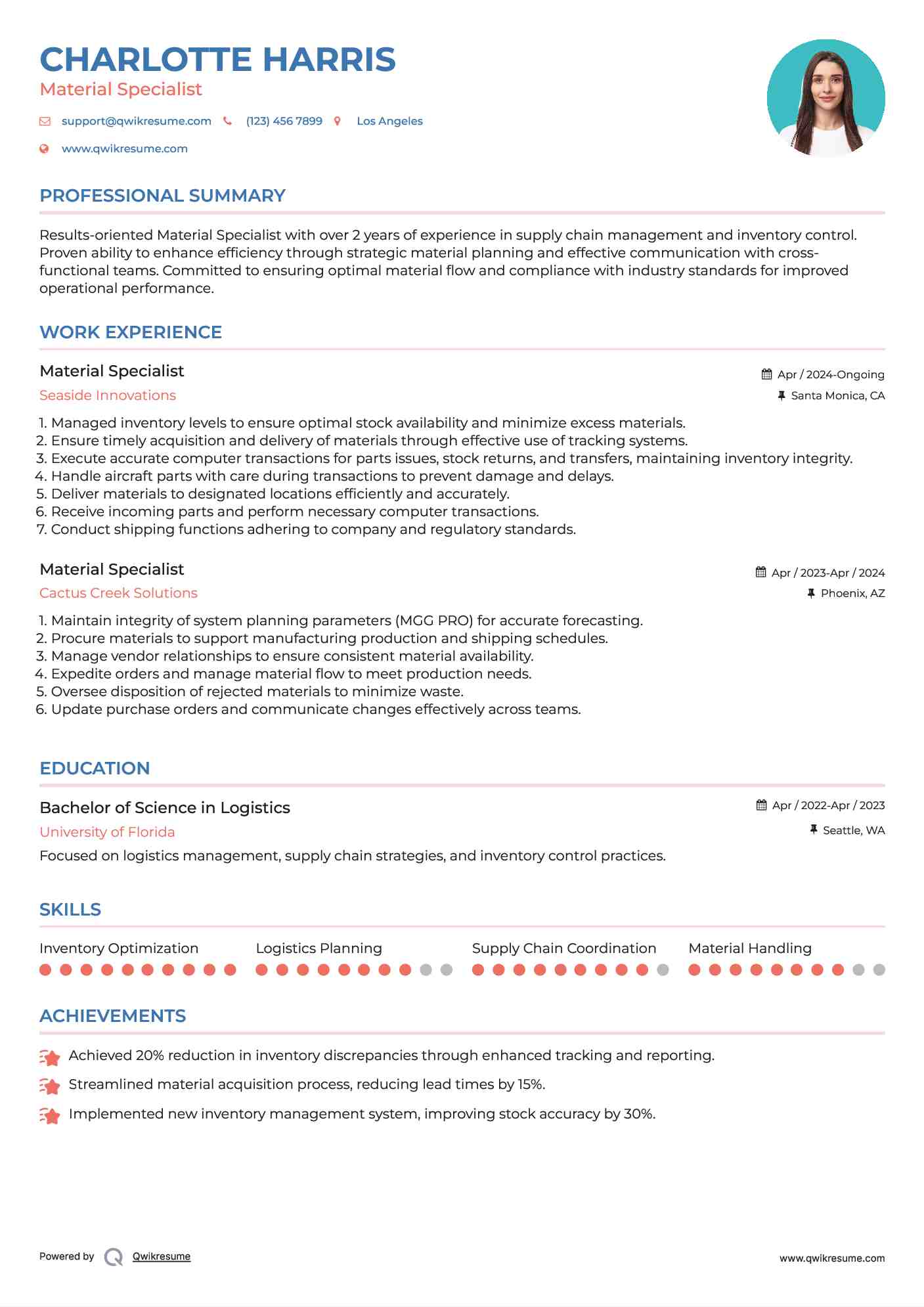 Material Specialist Resume Example