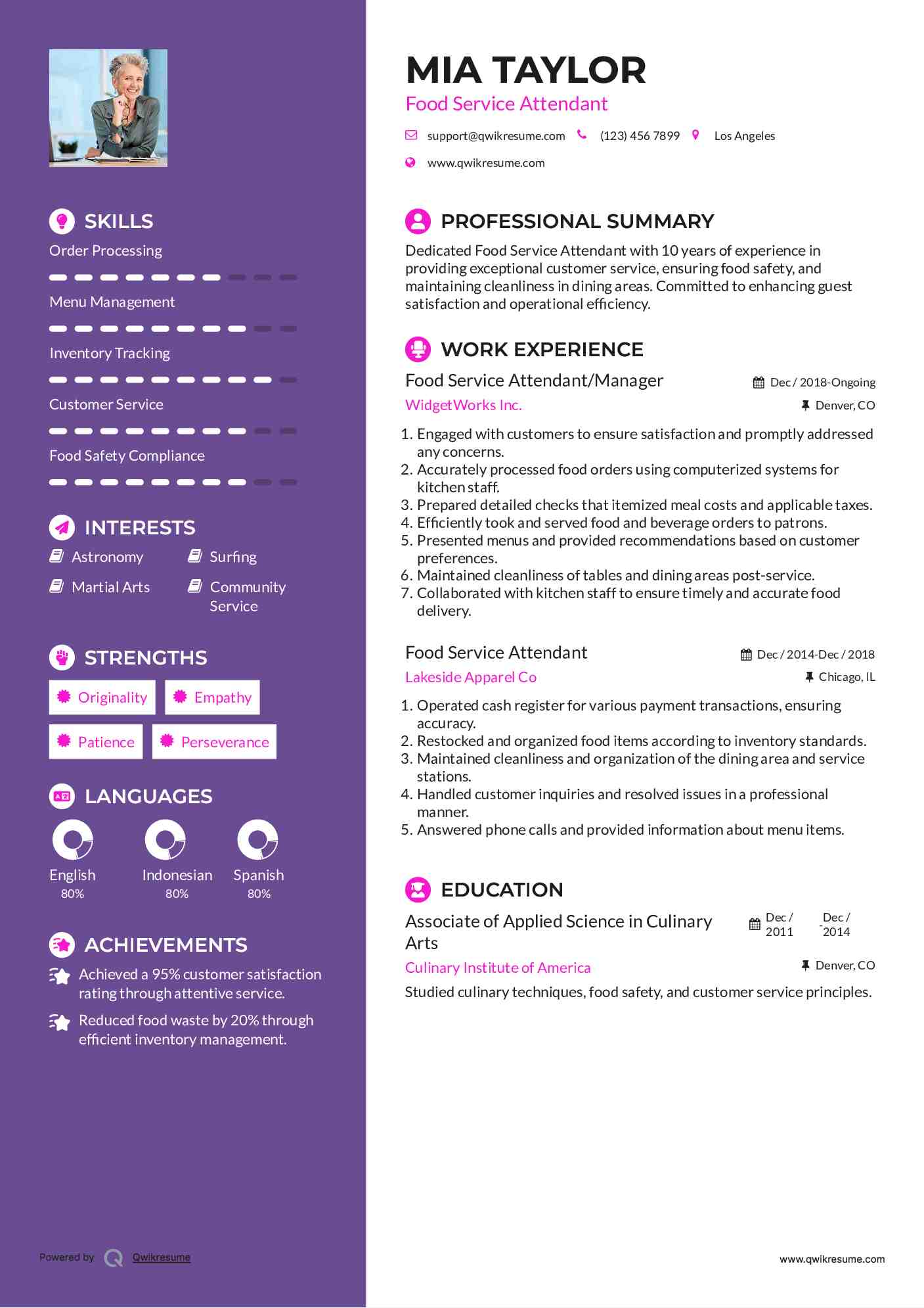 Food Service Attendant/Manager Resume Sample