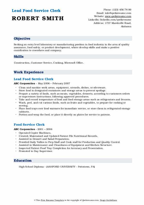 Food Service Clerk Resume Samples QwikResume