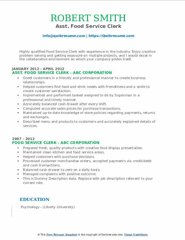 Food Service Clerk Resume Samples QwikResume