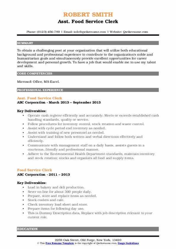 Food Service Clerk Resume Samples QwikResume