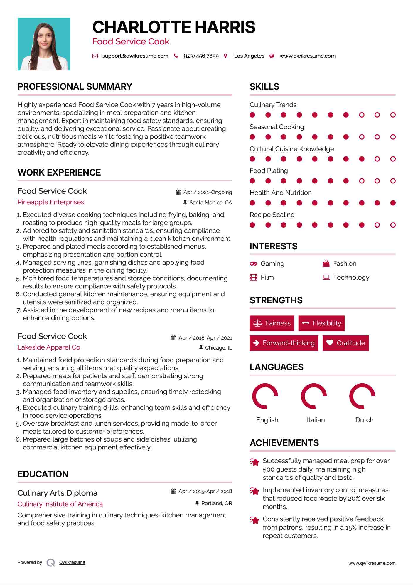 Food Service Cook Resume Template