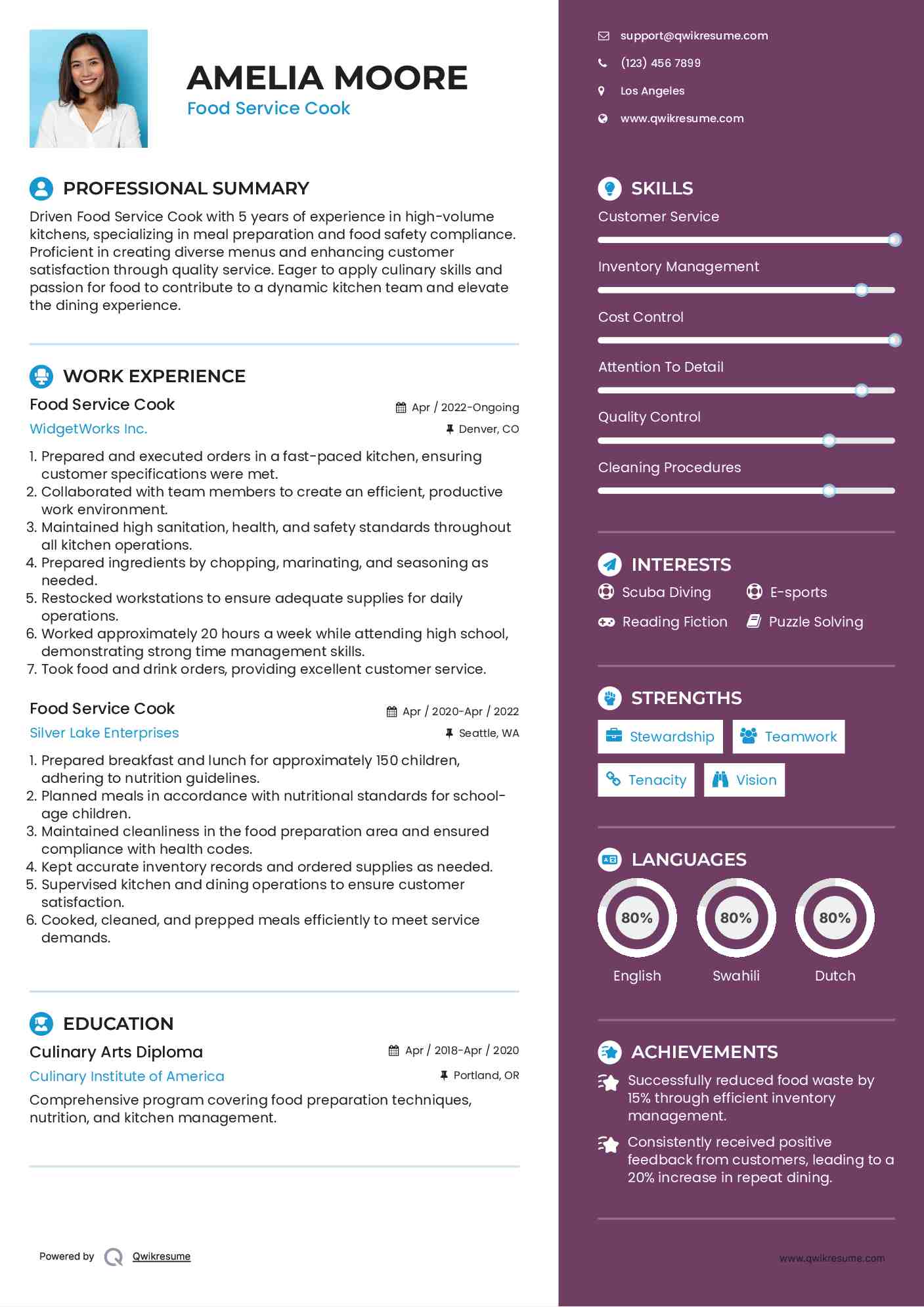 Food Service Cook Resume Model