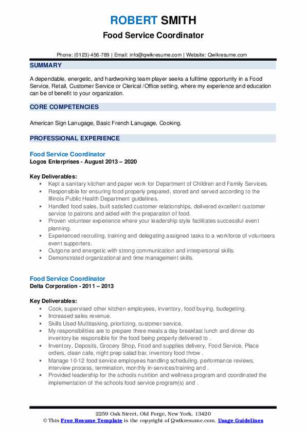 Food Service Coordinator Resume Samples QwikResume