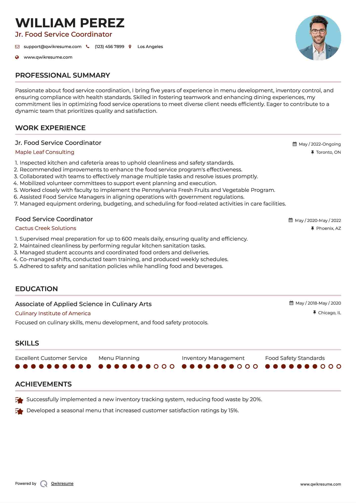 Jr. Food Service Coordinator Resume Format