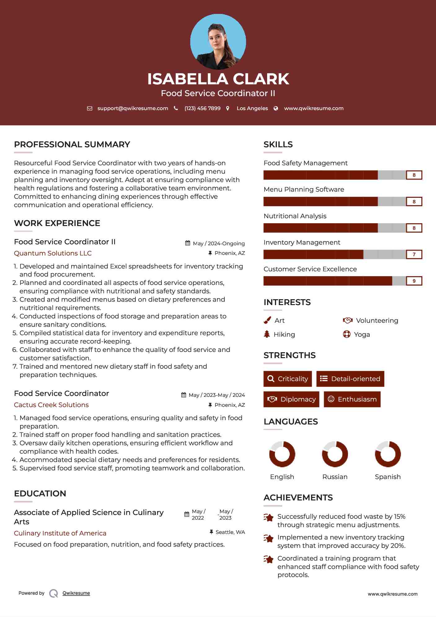 Food Service Coordinator II Resume Template