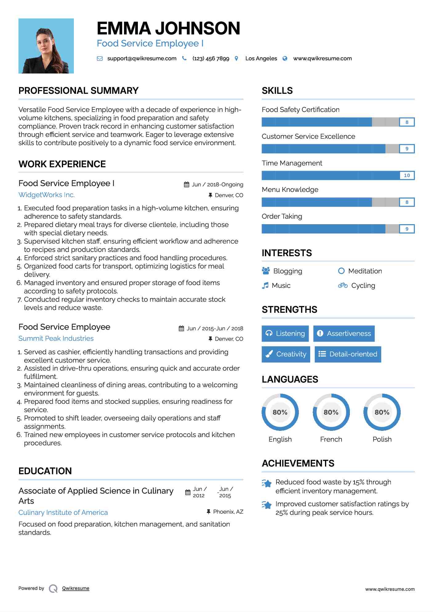 Food Service Employee I Resume Sample