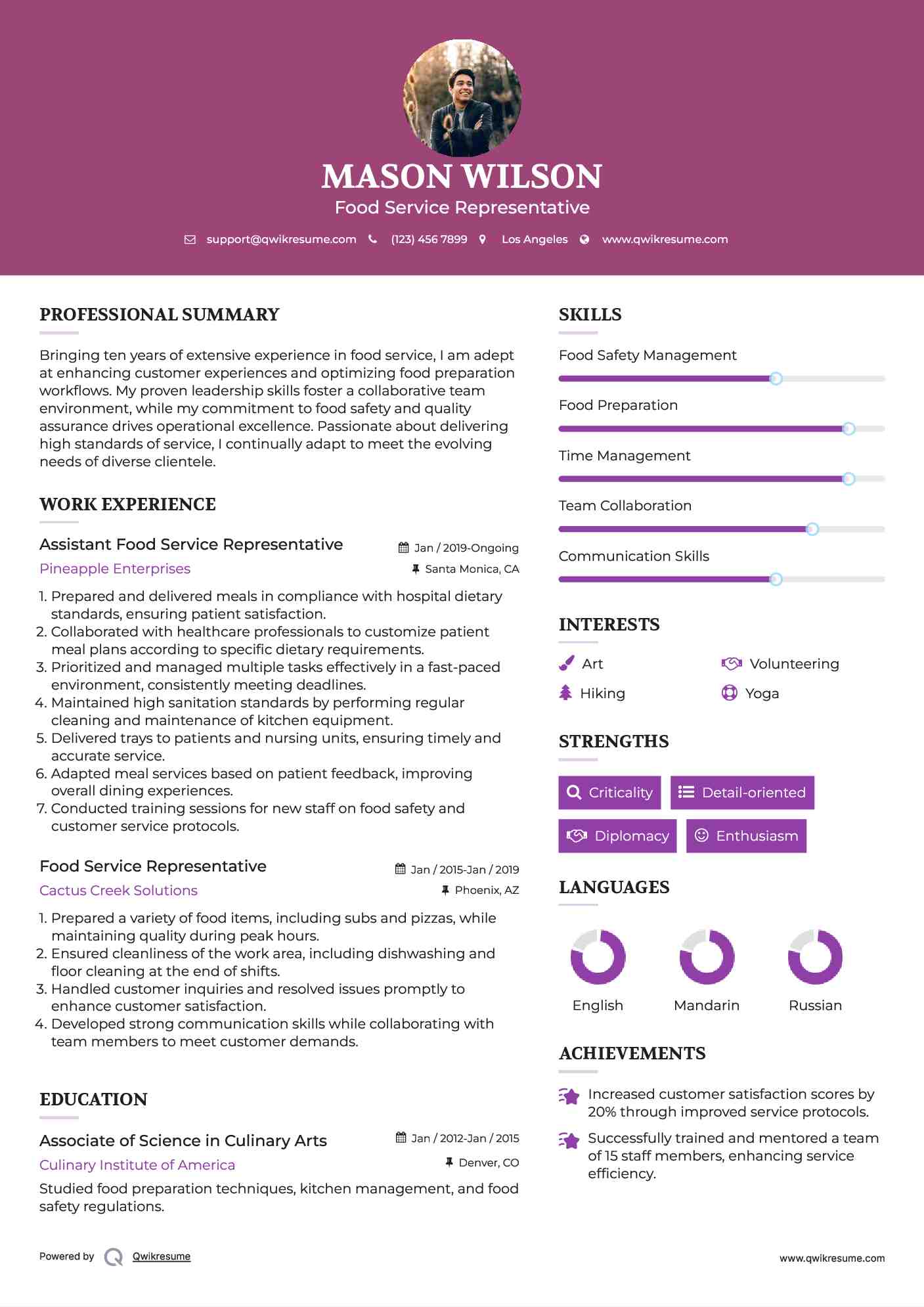 Food Service Representative Resume Samples QwikResume
