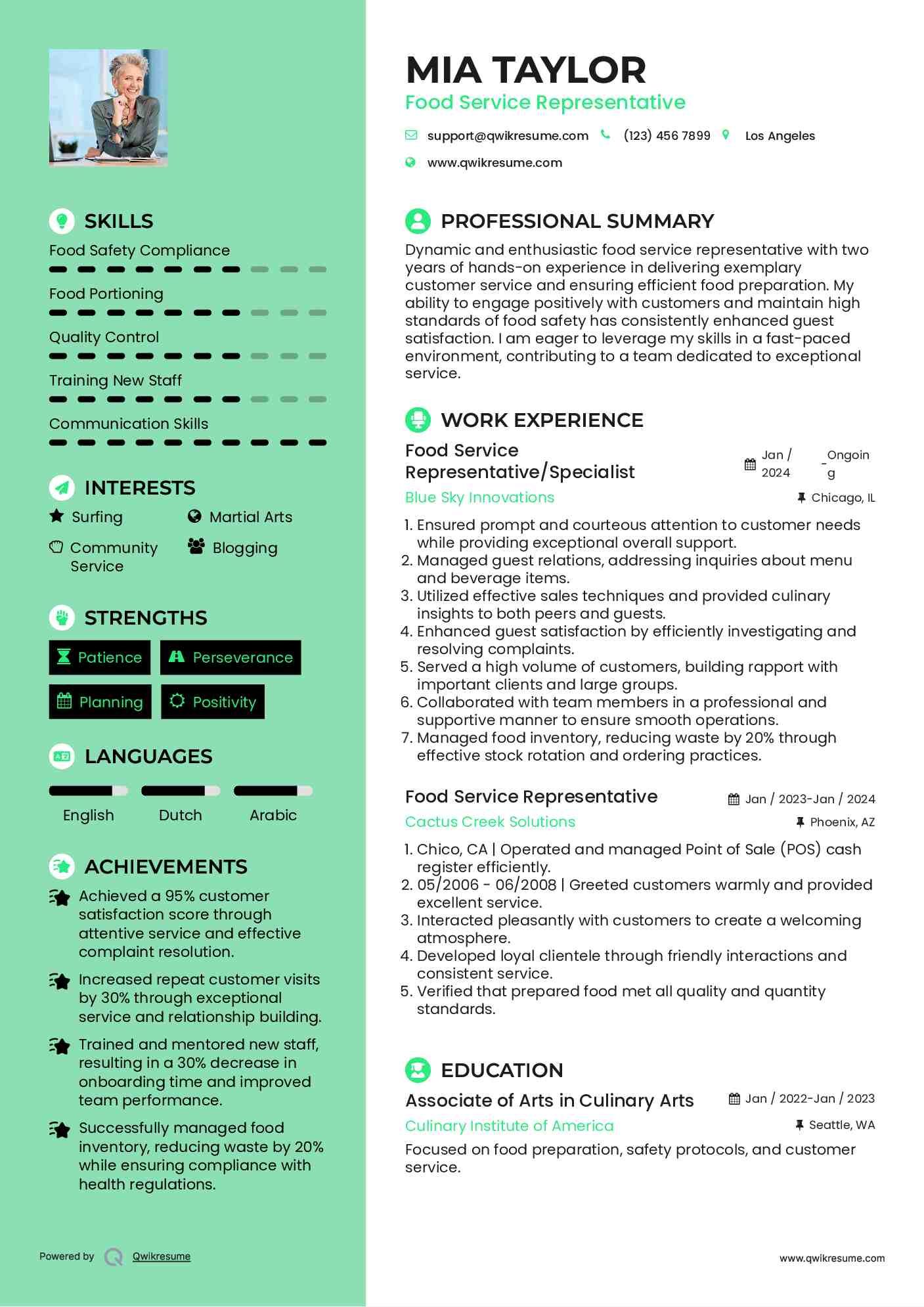 Food Service Representative/Specialist Resume Example