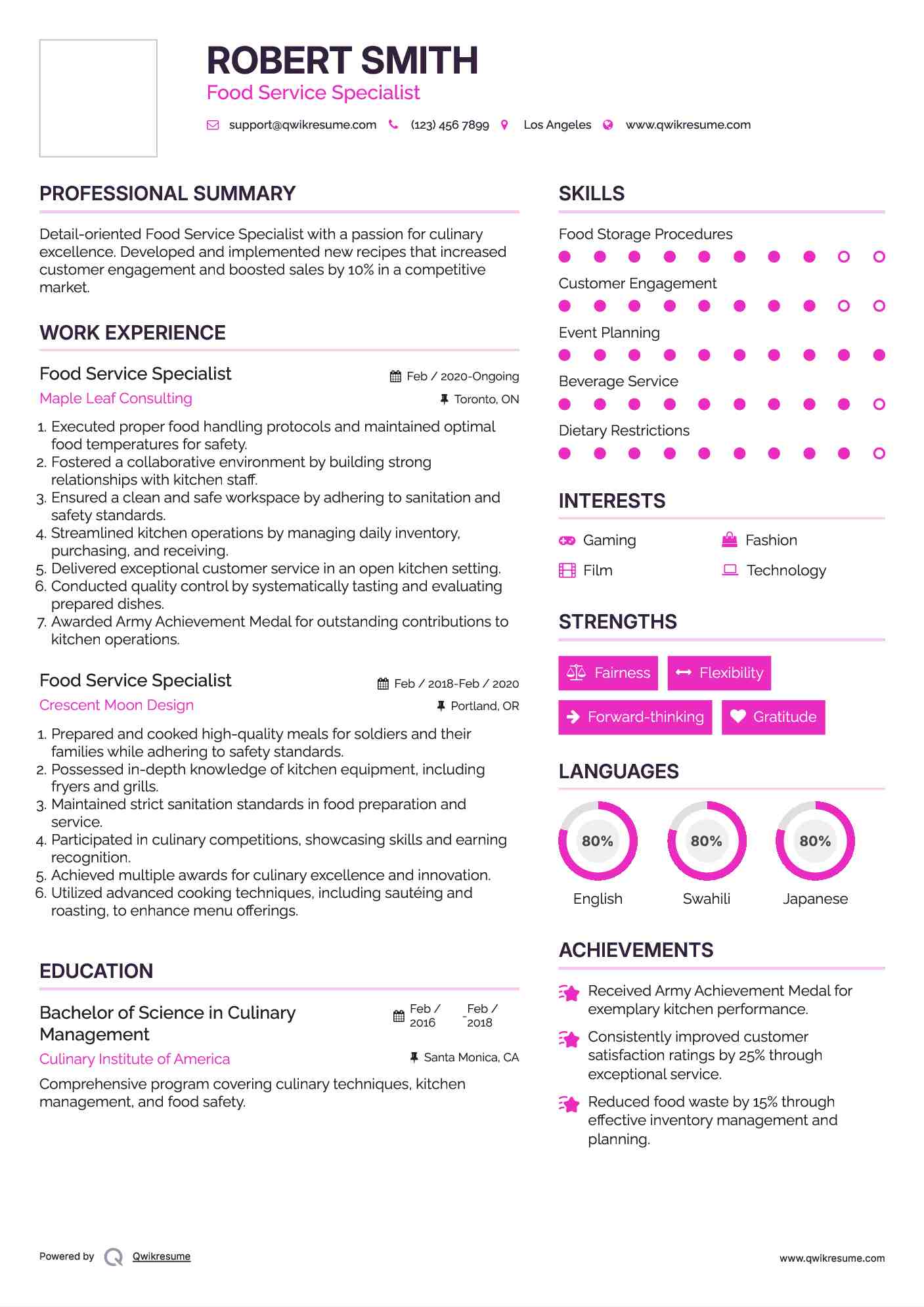 Food Service Specialist Resume Model