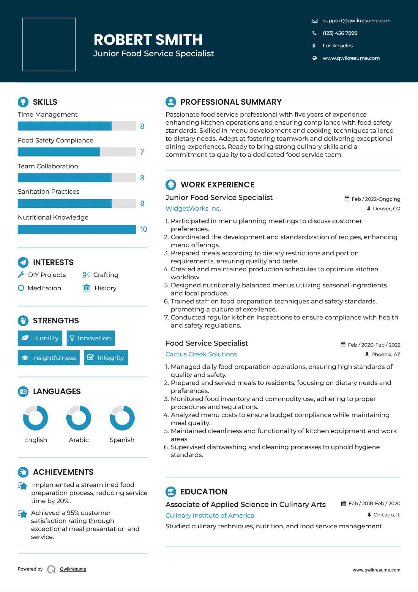 Junior Food Service Specialist Resume Example