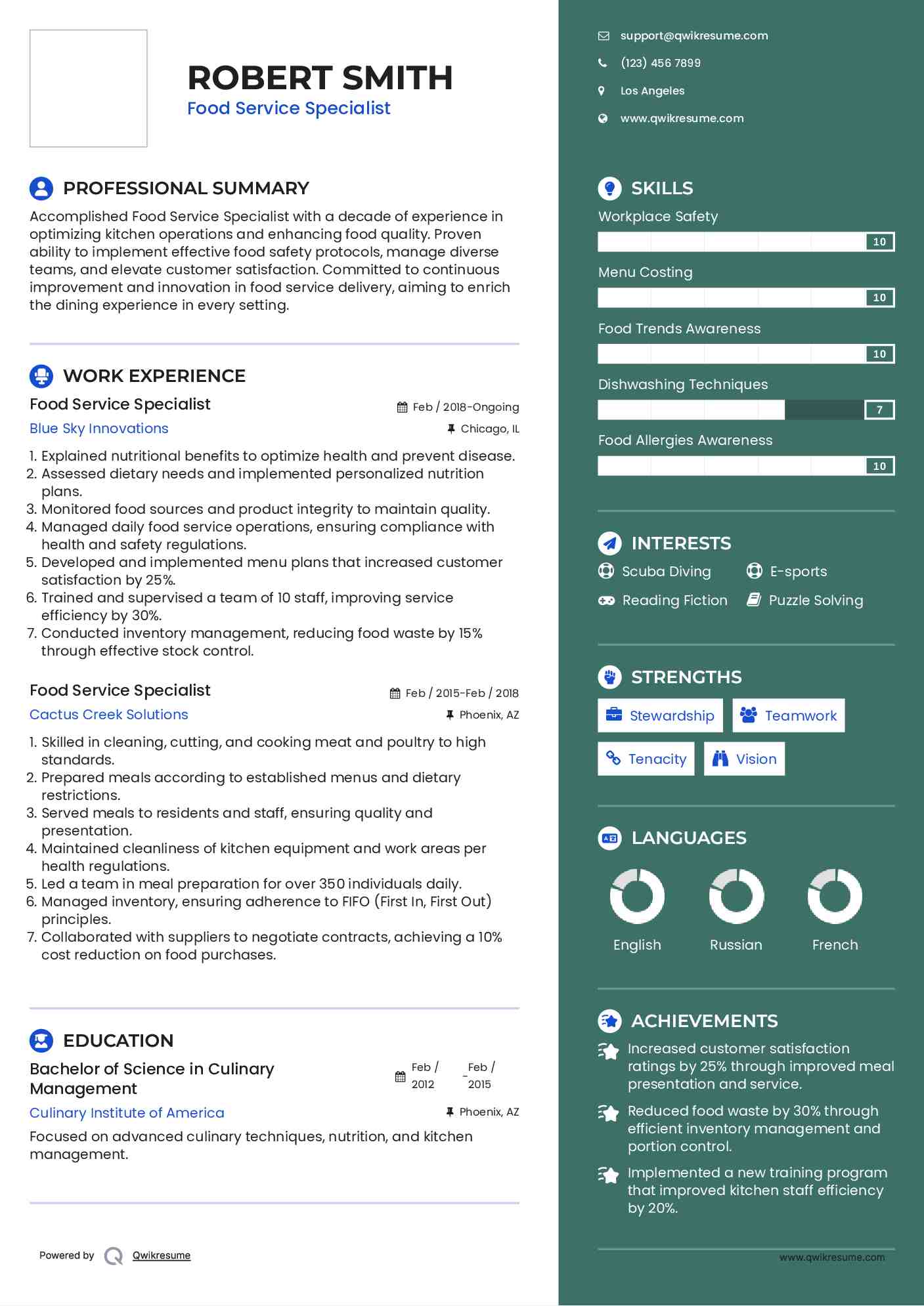 Food Service Specialist Resume Sample