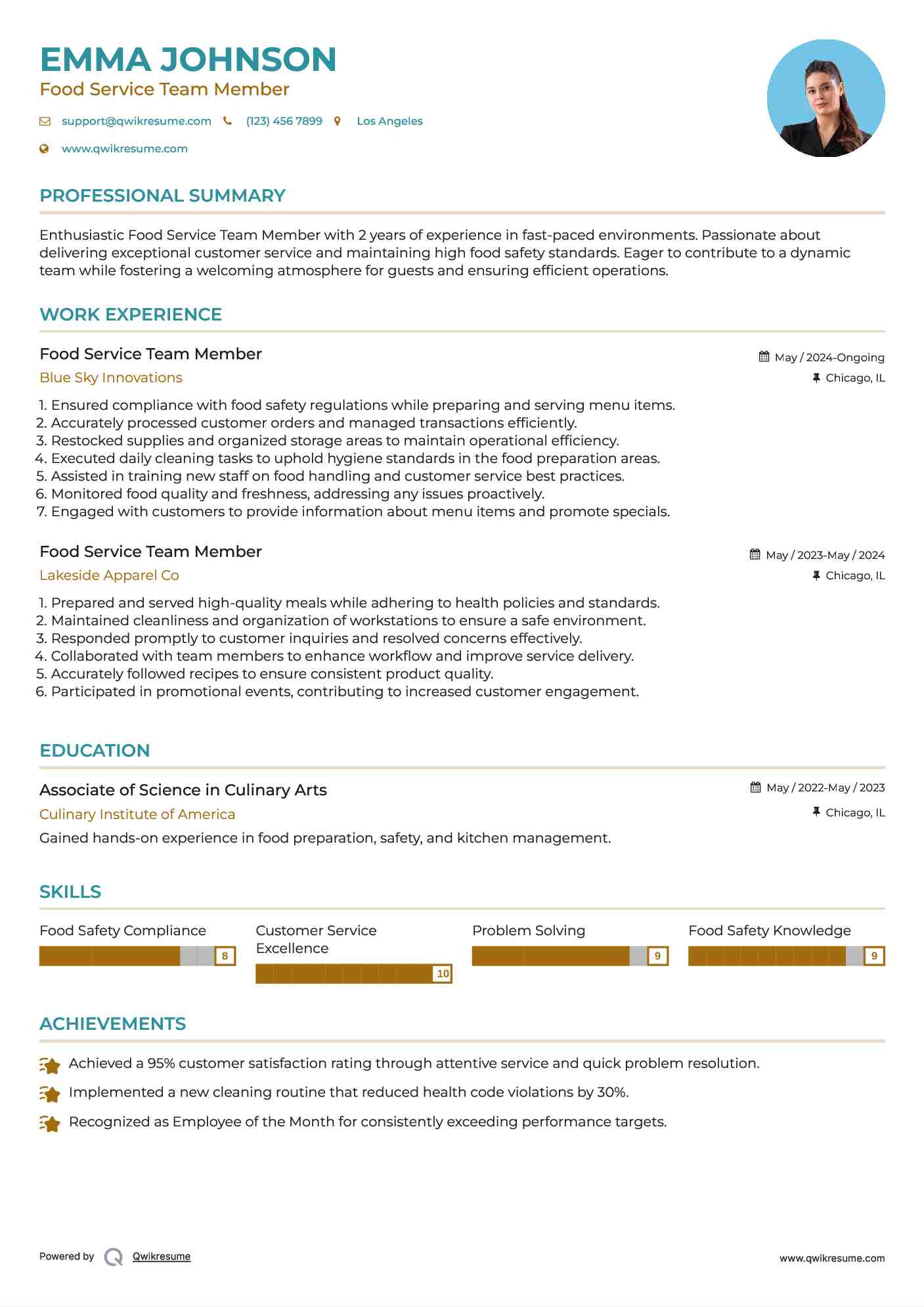 Food Service Team Member Resume Template
