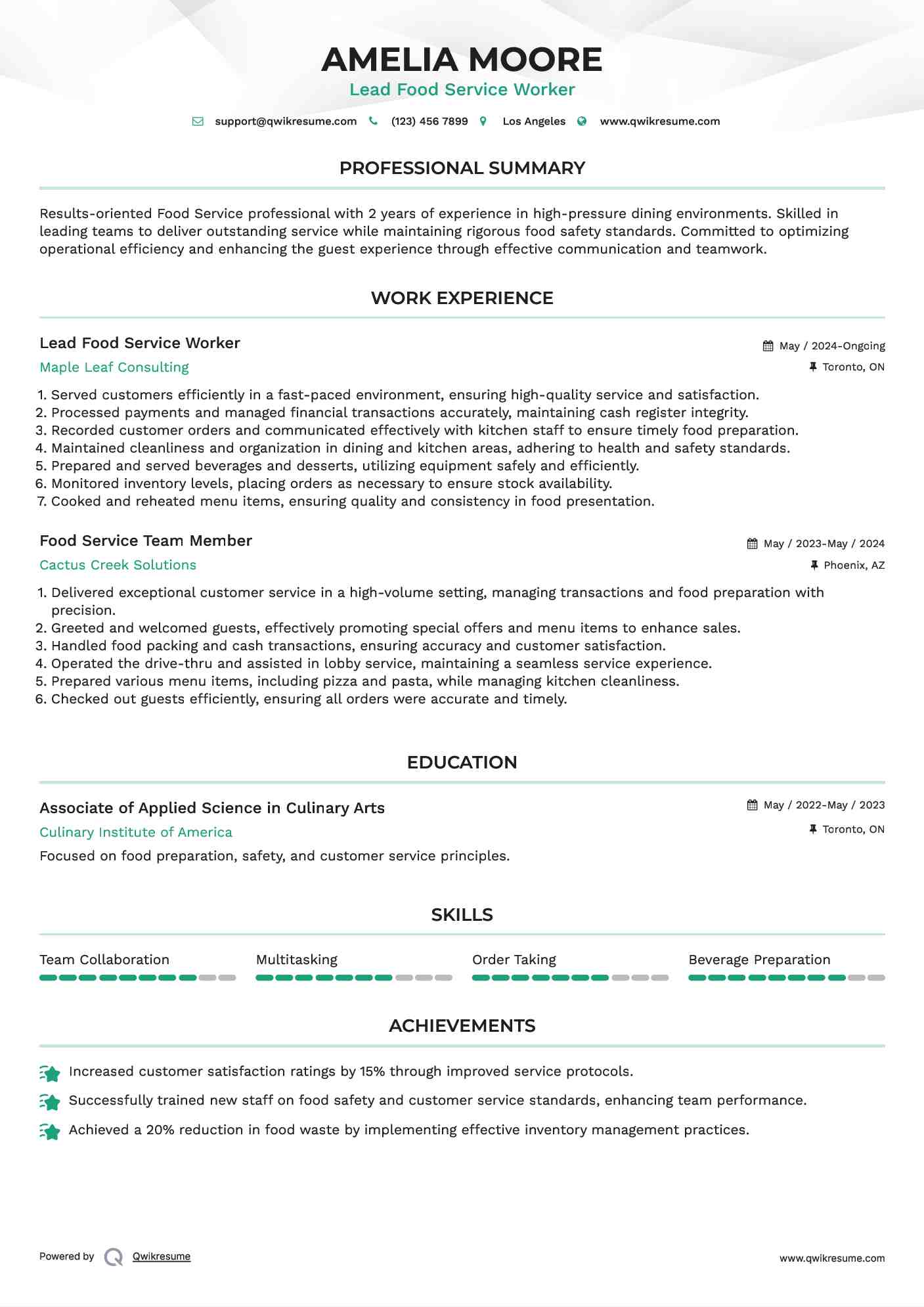 Lead Food Service Worker Resume Sample
