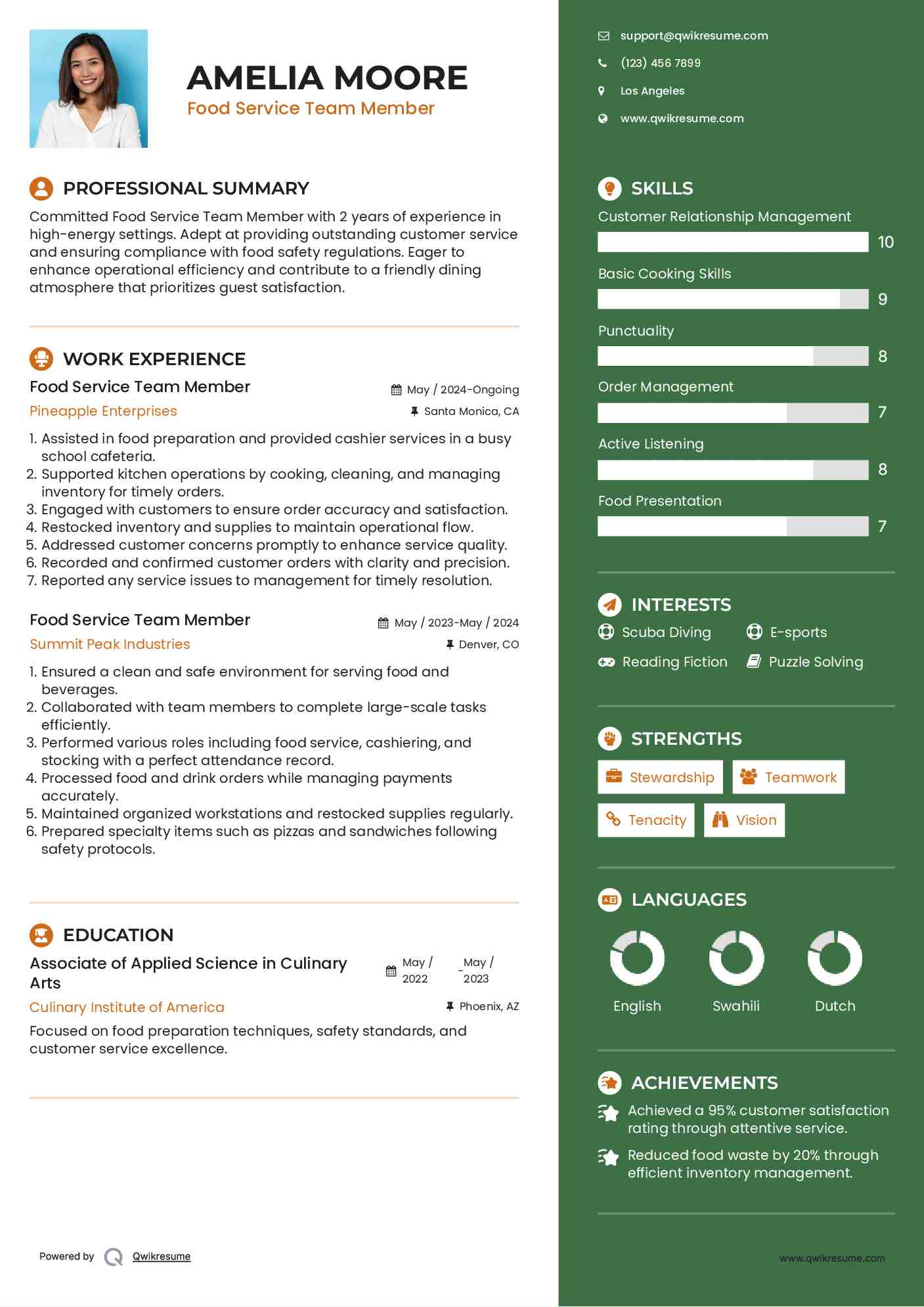Food Service Team Member Resume Example