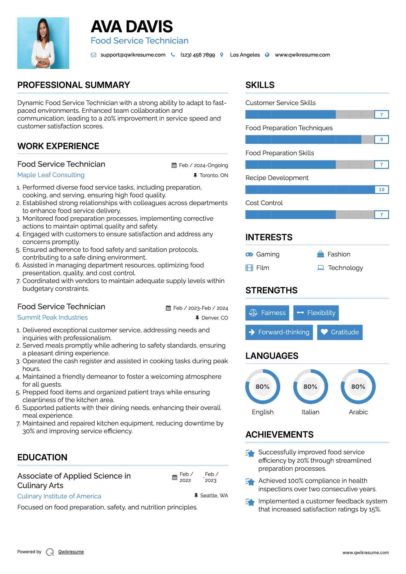 Food Service Technician Resume Sample