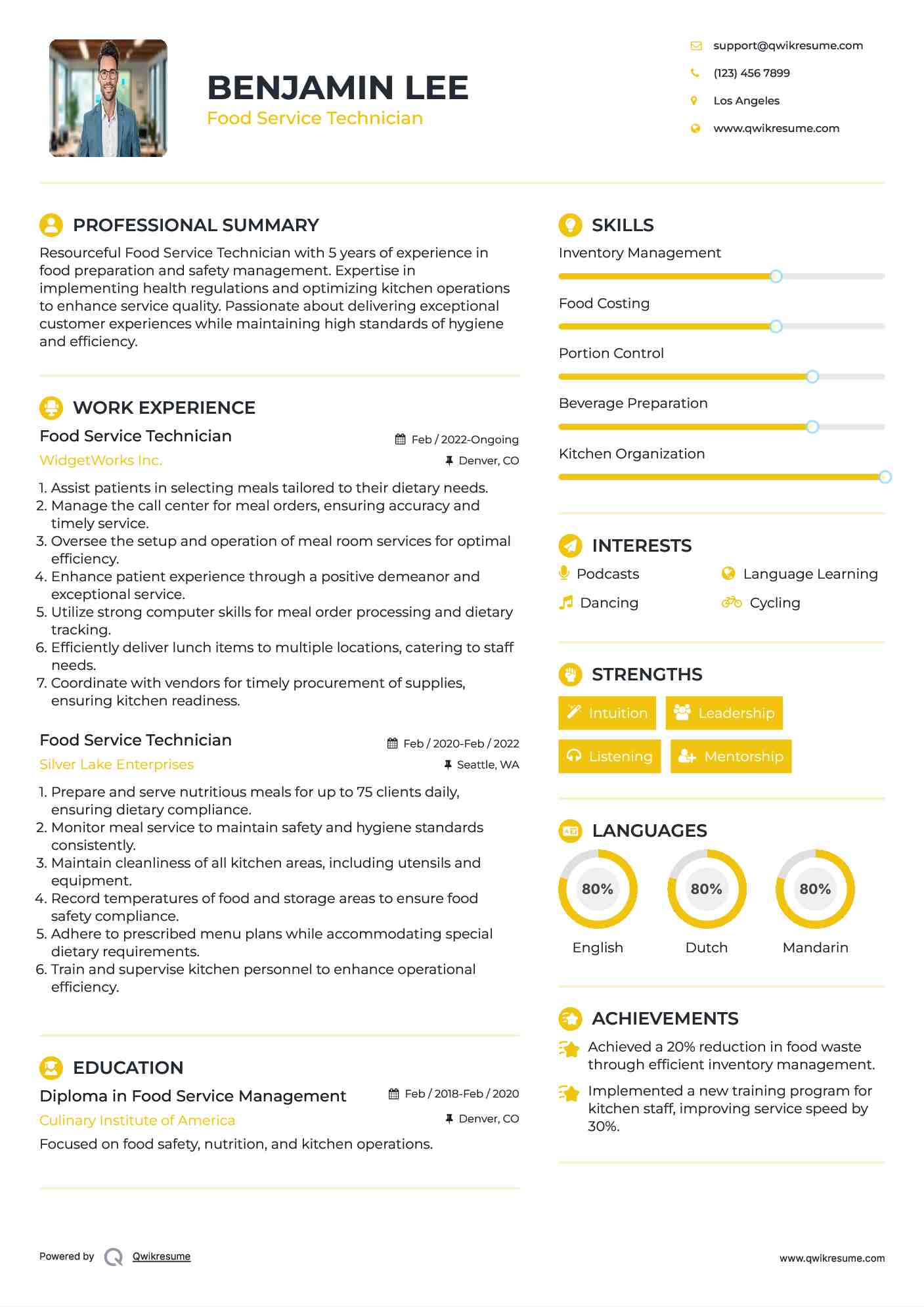Food Service Technician Resume Template