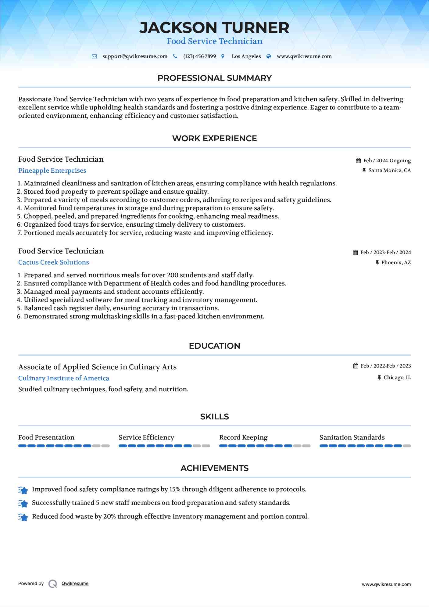 Food Service Technician Resume Template